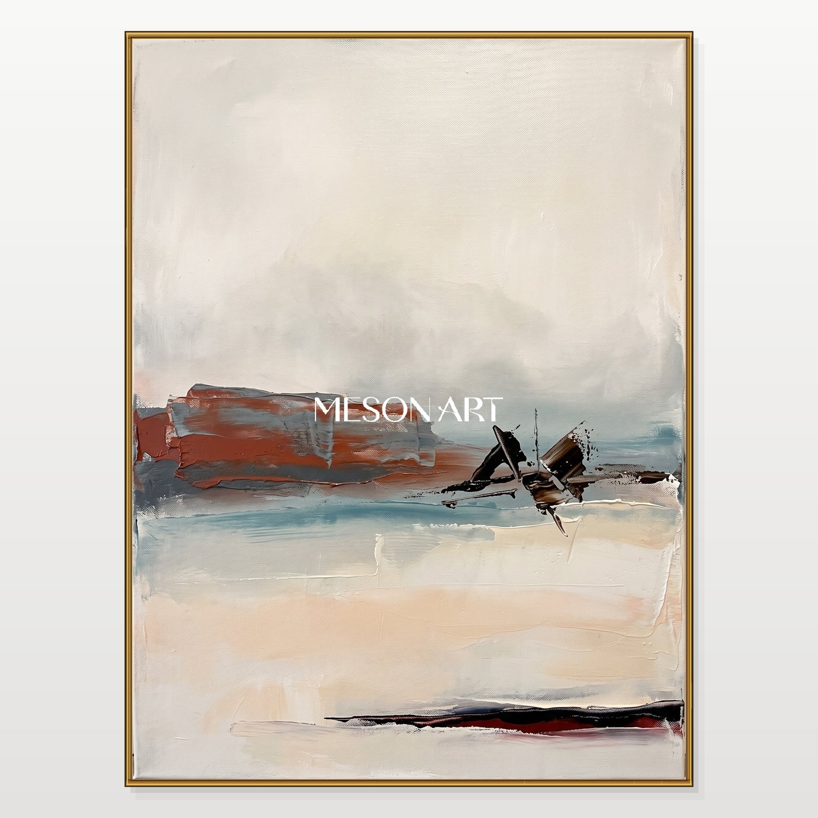 Beige And Black Abstract Landscape Painting Contemporary Expressionist Art Rectangular Wall Decor For Living Room By Mesonart