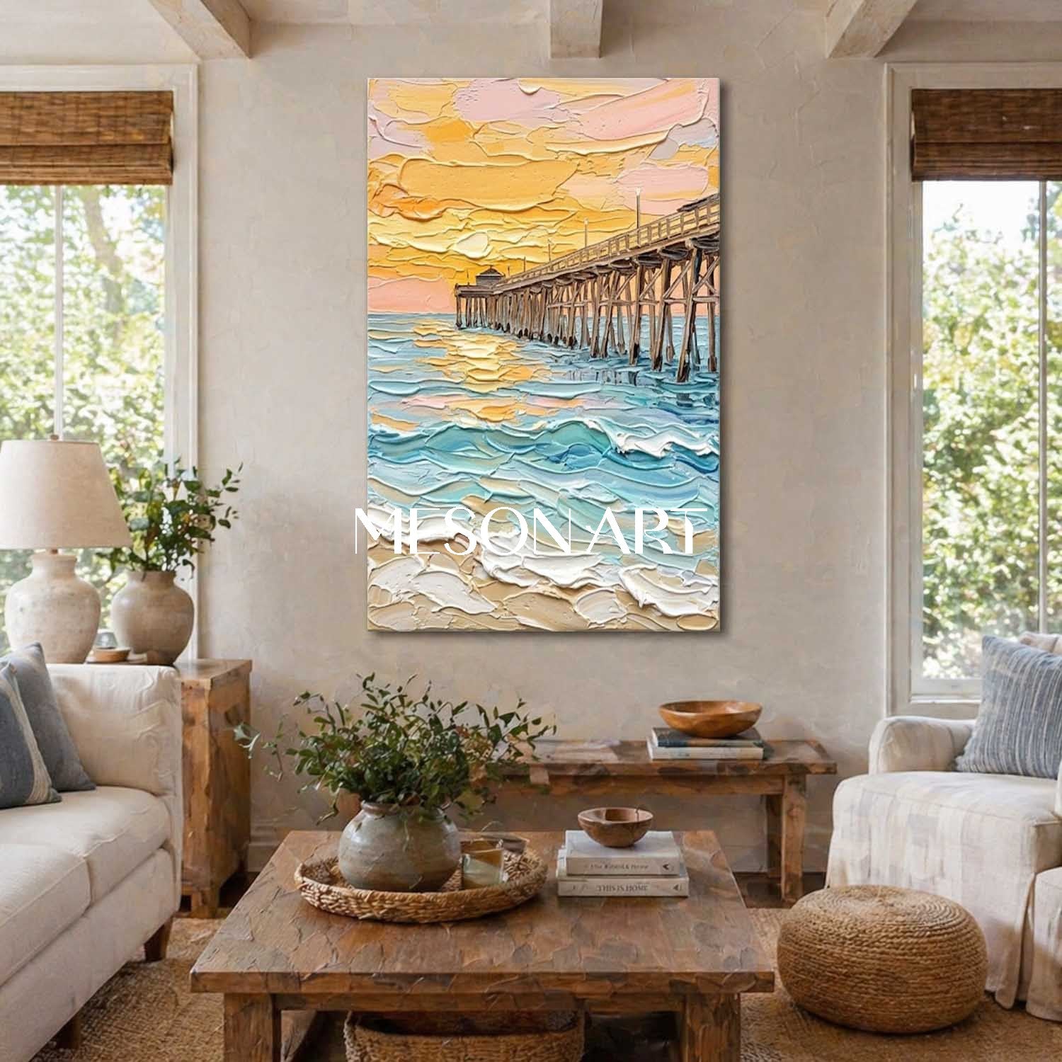 Luxury Coastal Pier Sunset Painting With Thick Impasto Waves For Living Room And Bedroom Decor