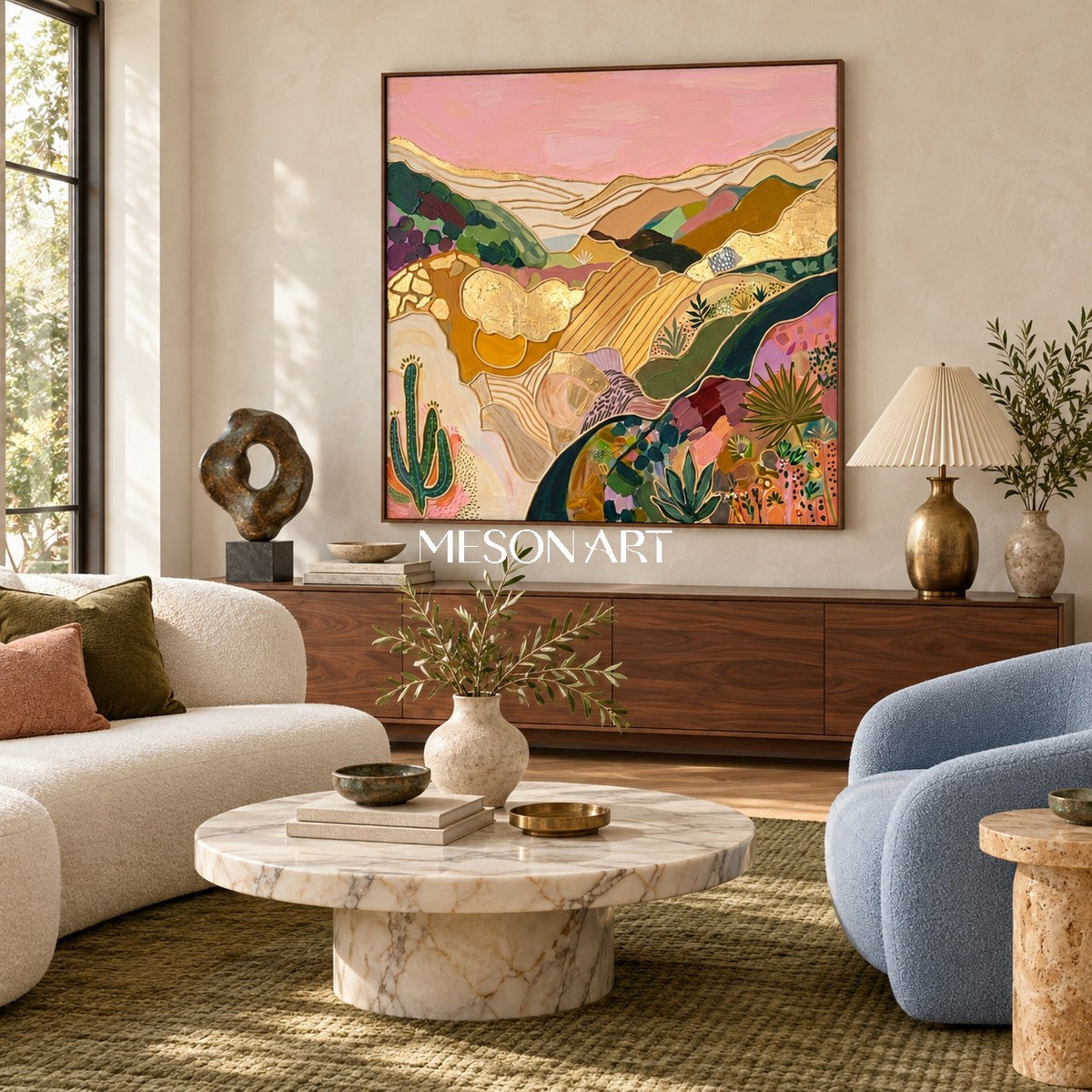 Pink And Gold Abstract Landscape Textured Painting Square Wall Art Modern Bohemian Original Artist By Mesonart