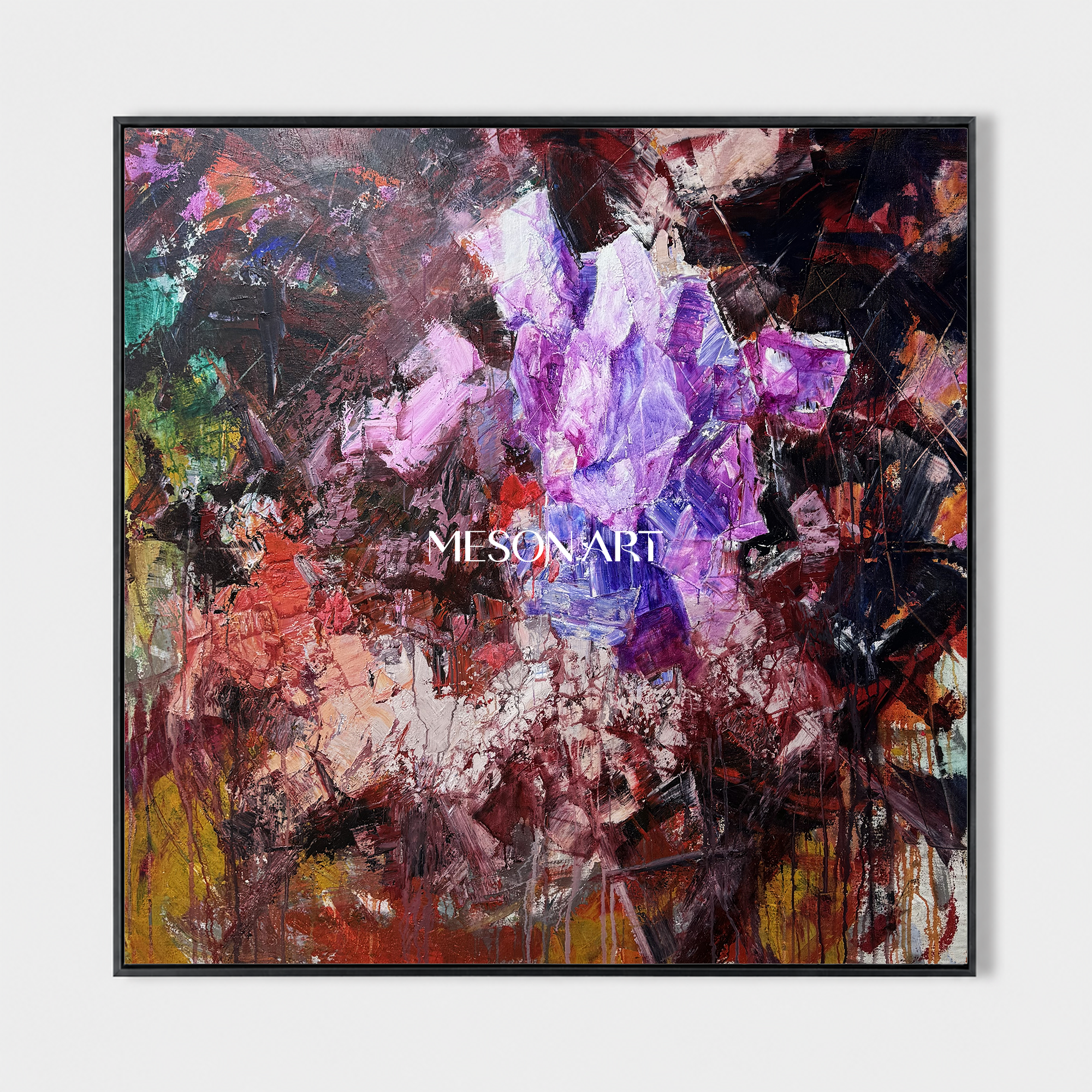 Original Purple Crystal Painting, Heavy Texture Abstract Canvas, Luxury Living Room Wall Decor, Modern Impasto Oil Artwork, Sculptural Strokes Art Piece, Expressionist Colorful Centerpiece, Large Framed Square Artwork, 3D Plaster Mineral Decor, High End Collector Artwork, Dark Red Background Contemporary Art.