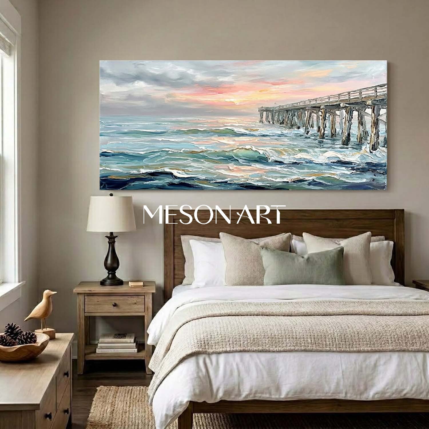 Luxury Impressionist Seascape Painting With Wooden Pier For Coastal Living Room Decor