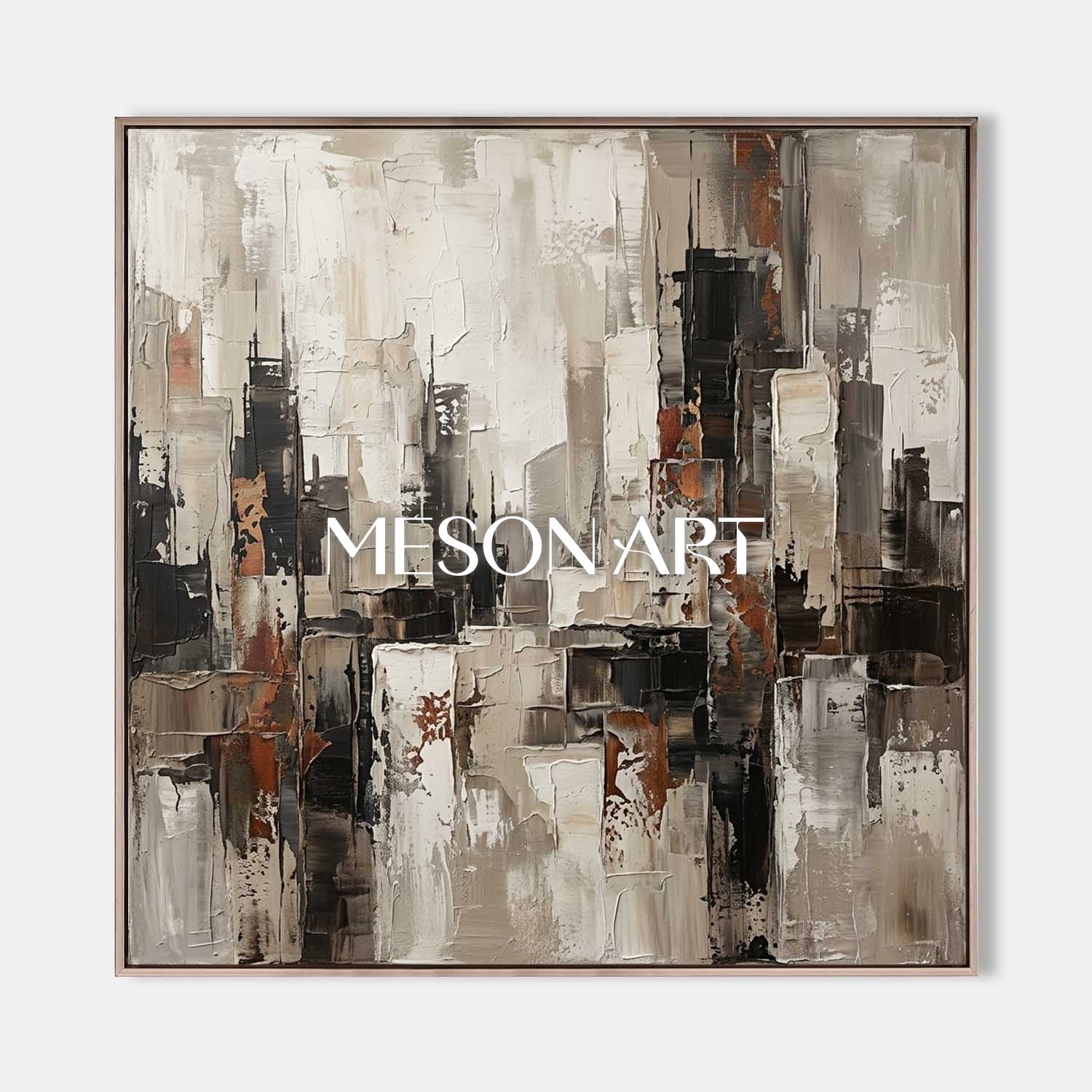 Abstract City Skyline Painting With Plaster Texture For Industrial Loft Decor