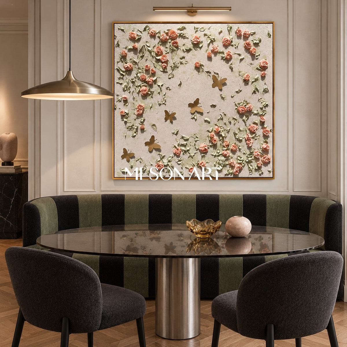 Pink And Green Textured Botanical Painting Original Hand Painted Square Wall Art By Mesonart