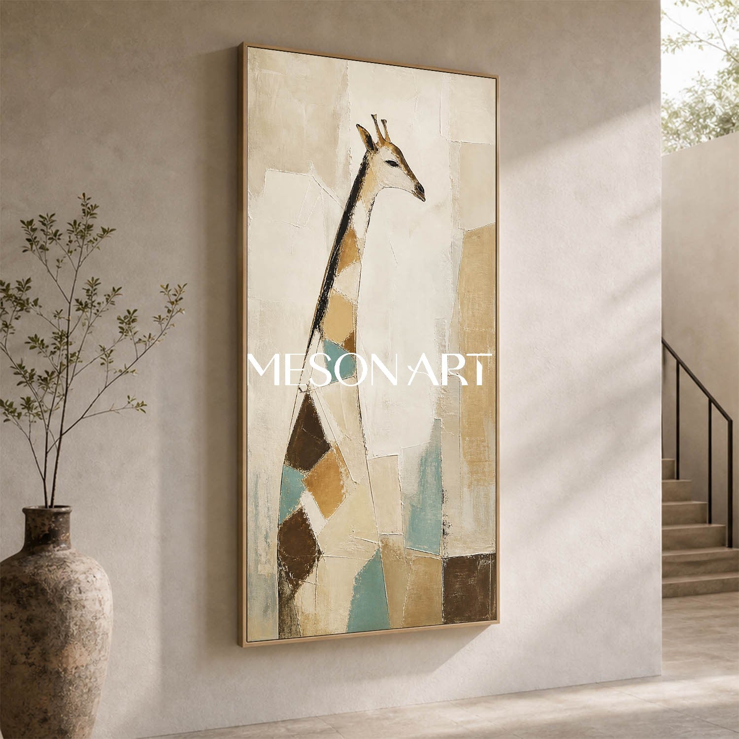 Abstract Giraffe Wall Art In Art Deco Style With Textured Linen Canvas For Modern Home