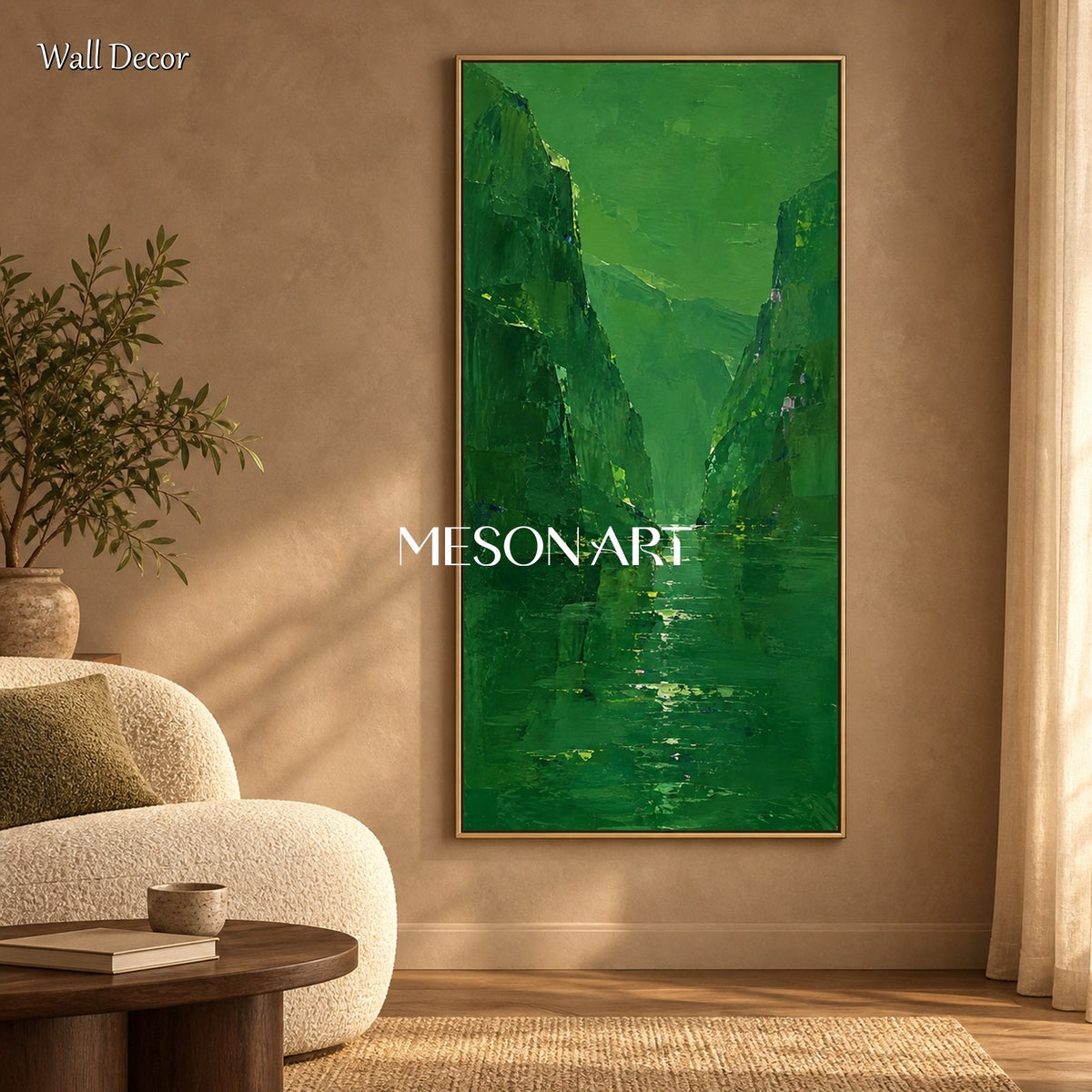 Green Abstract Landscape Painting Minimalist Palette Knife Art Panoramic Wall Decor By Mesonart