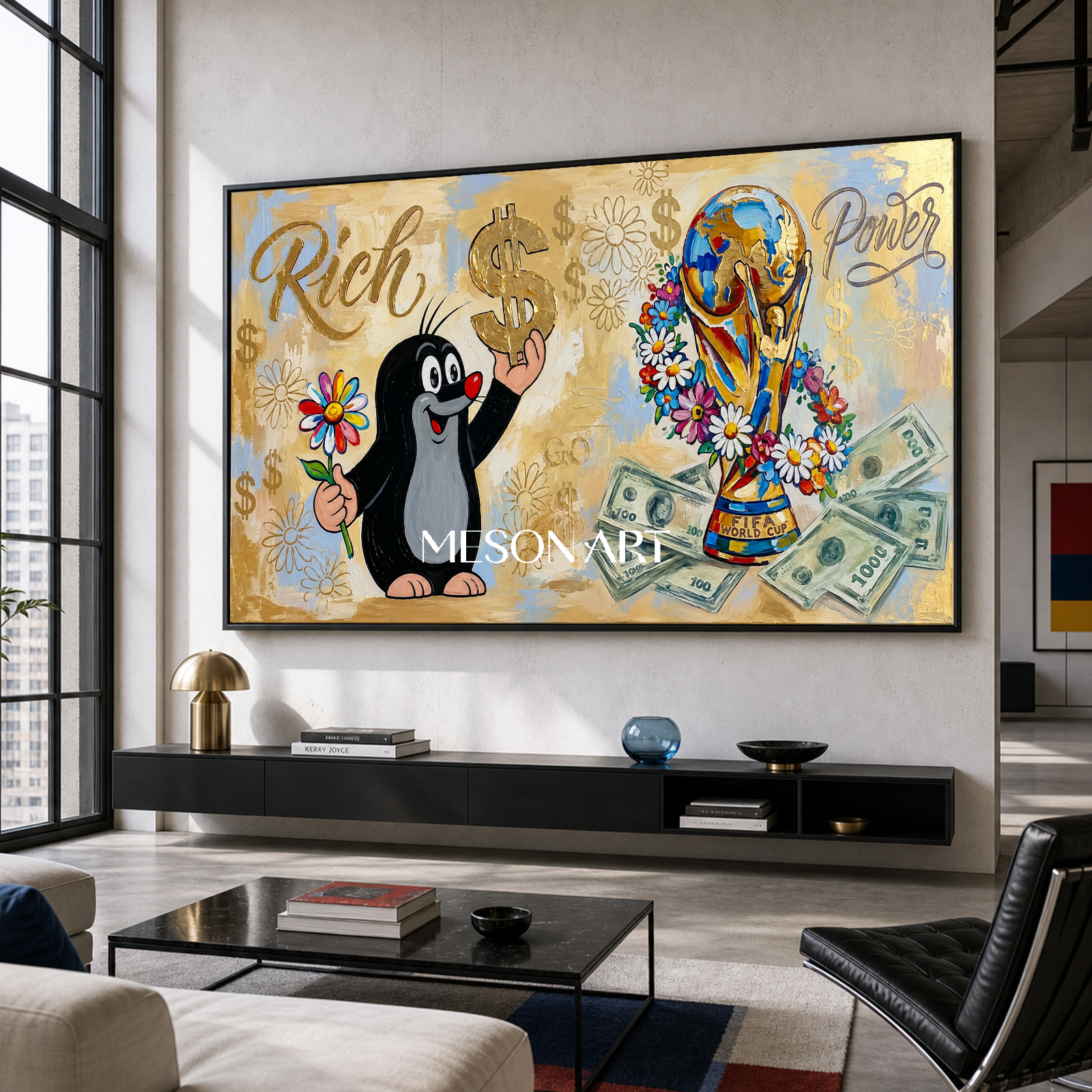 Luxury Gold Pop Art Painting With Cartoon Mole And Dollar Signs For Modern Living Room Decor