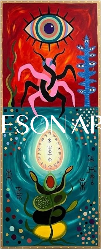 Bold Surrealist Wall Art With Tribal Motifs For Modern Living Room Decor