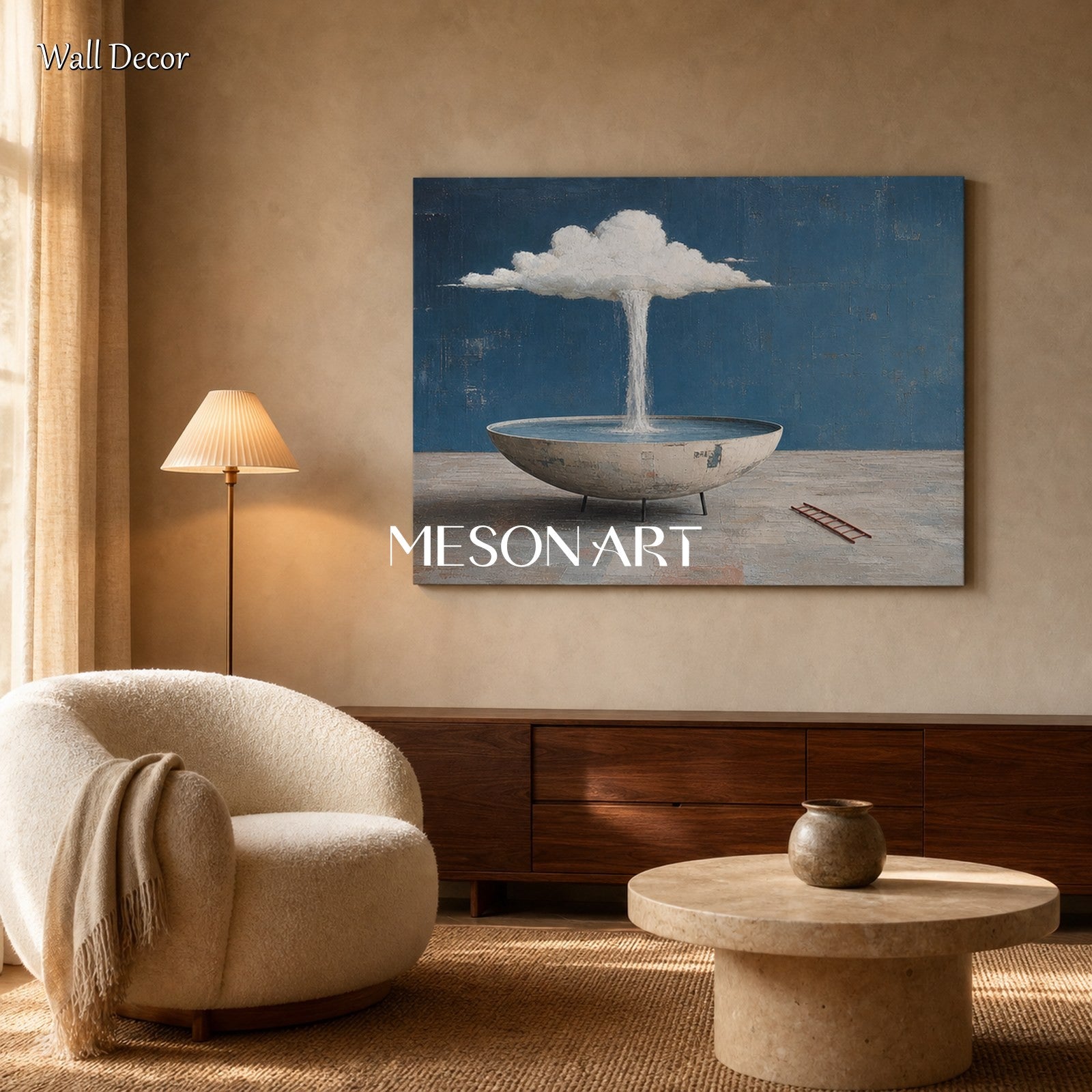 Surrealist Cloud Basin Painting With Soft Brushwork For Modern Living Room Decor