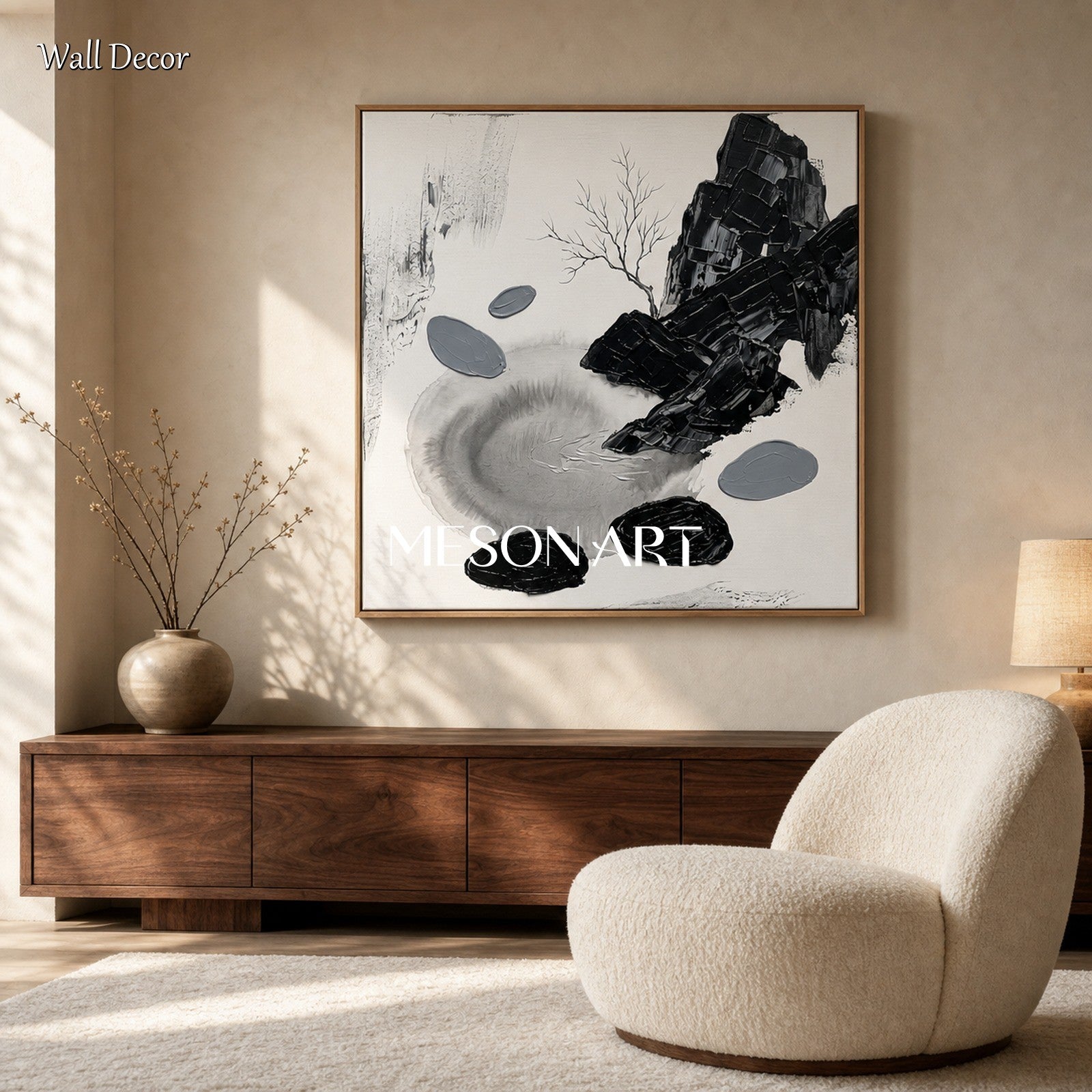 Minimalist Black And White Abstract Art With Palette Knife Texture For Modern Home Decor