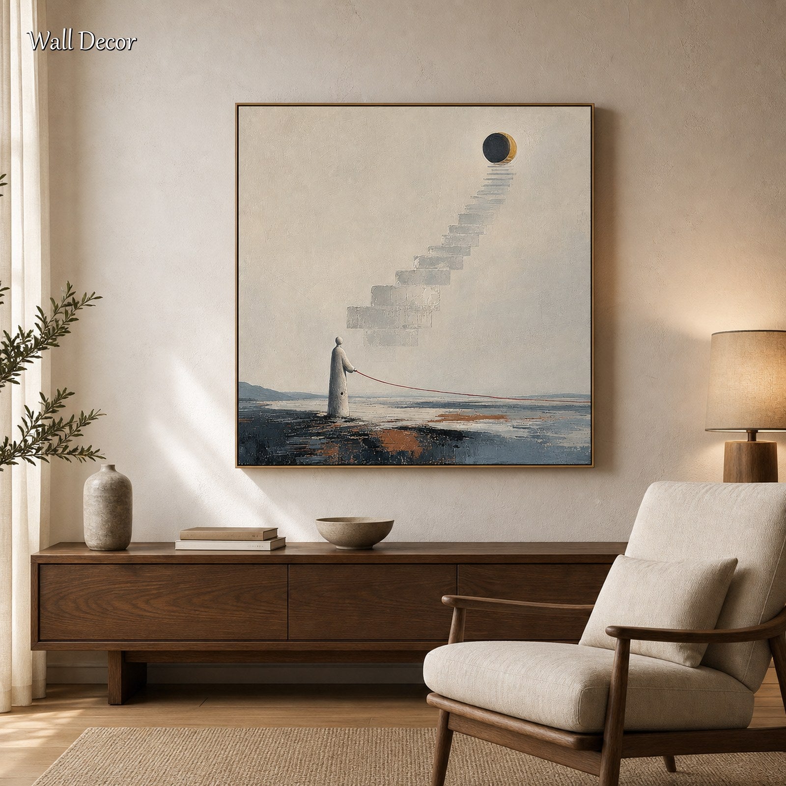 Surrealist Stairway To Moon Original Painting With Textured Plaster And Gold Frame For Living Room
