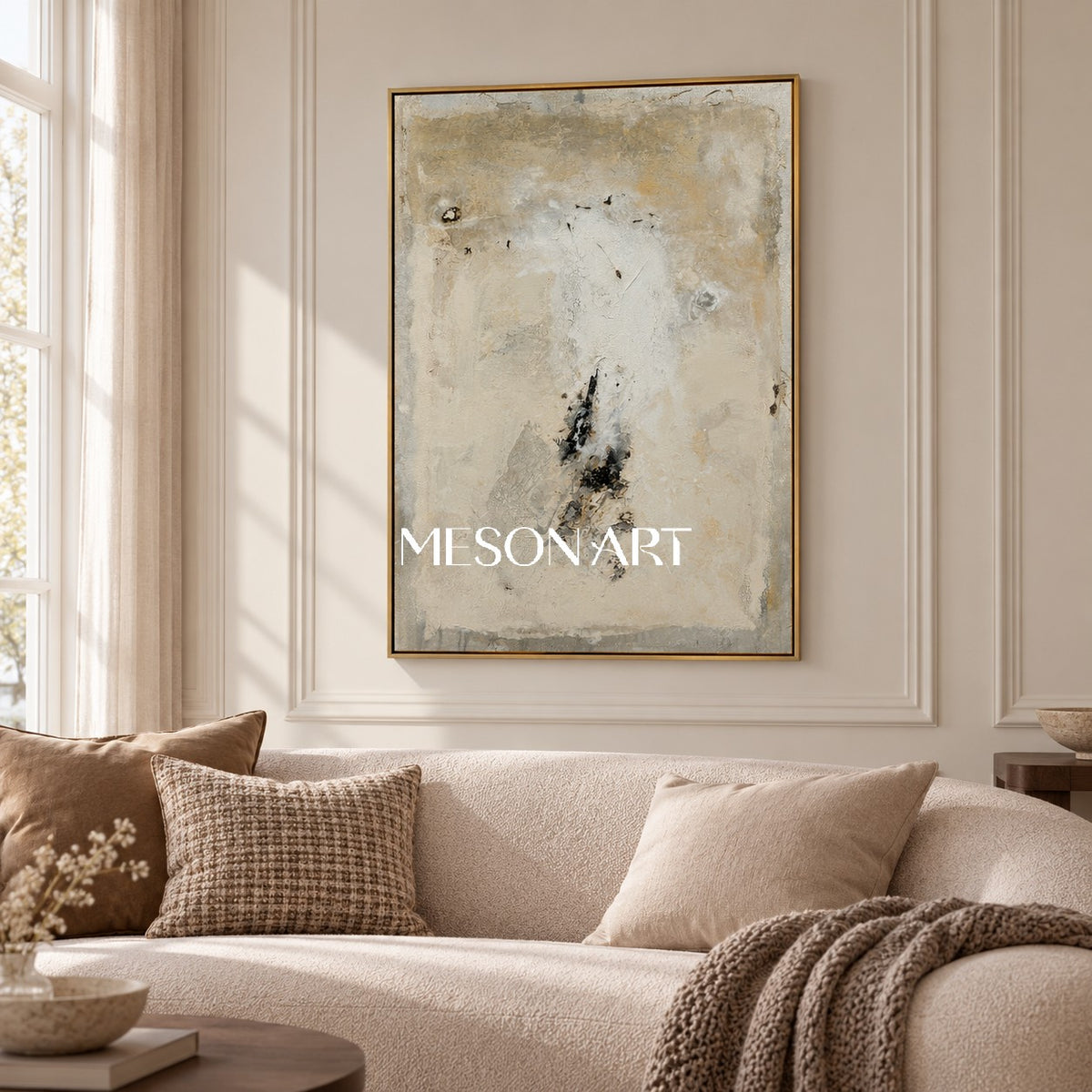 Neutral Abstract Art Textured Mixed Media Painting Original Artist Rectangular Wall Art For Living Room By Mesonart