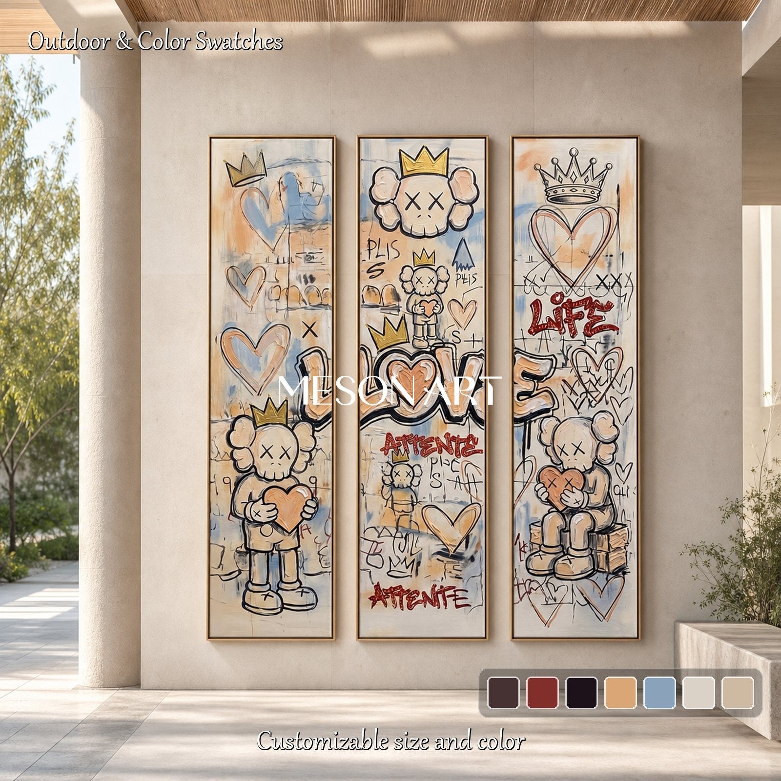 Original Graffiti Triptych With Kaws Inspired Icons For Modern Living Room Decor