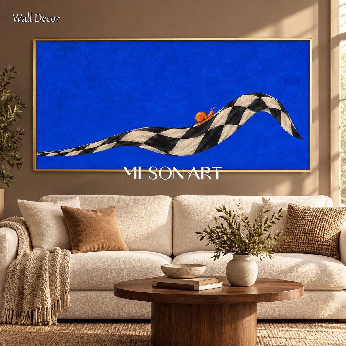 Blue And Black Surrealism Snail Painting Panoramic Wall Art For Living Room Original Artwork By Mesonart