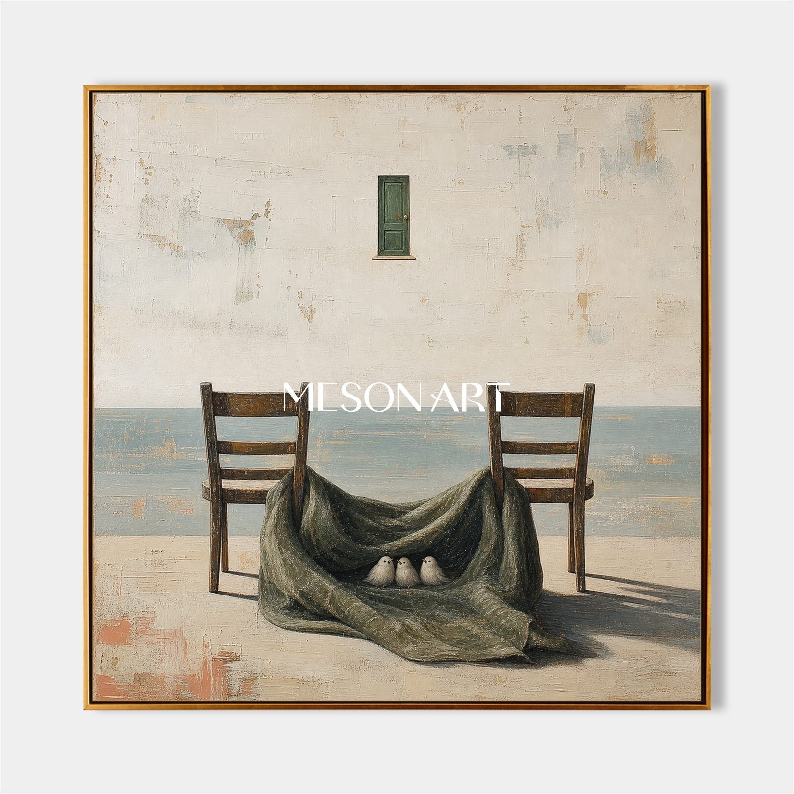 Surrealist Coastal Art With Birds And Chairs For Living Room Decor