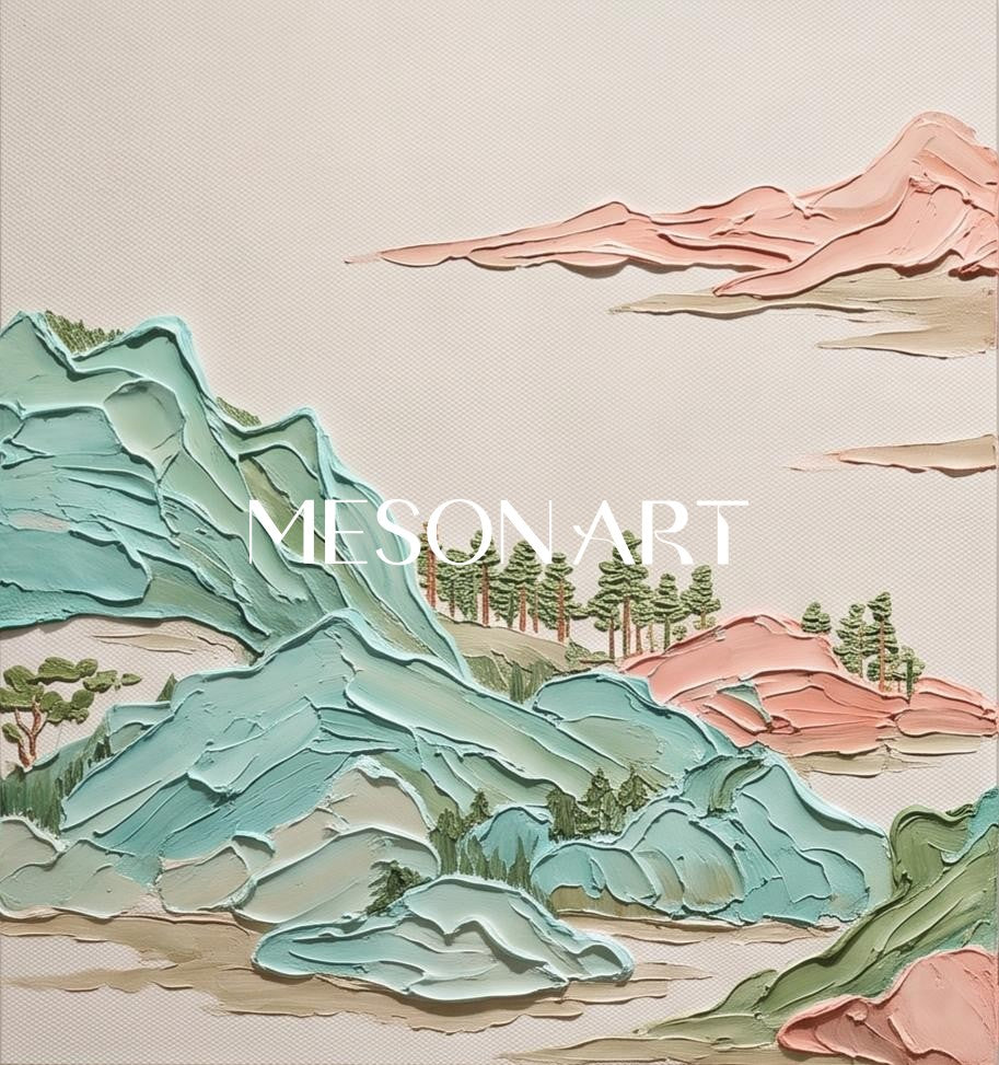 グリーンとベージュのインパスト技法を用いた山岳風景画 モダンな正方形のウォールアート メゾナートによるオリジナルアーティストの風景画