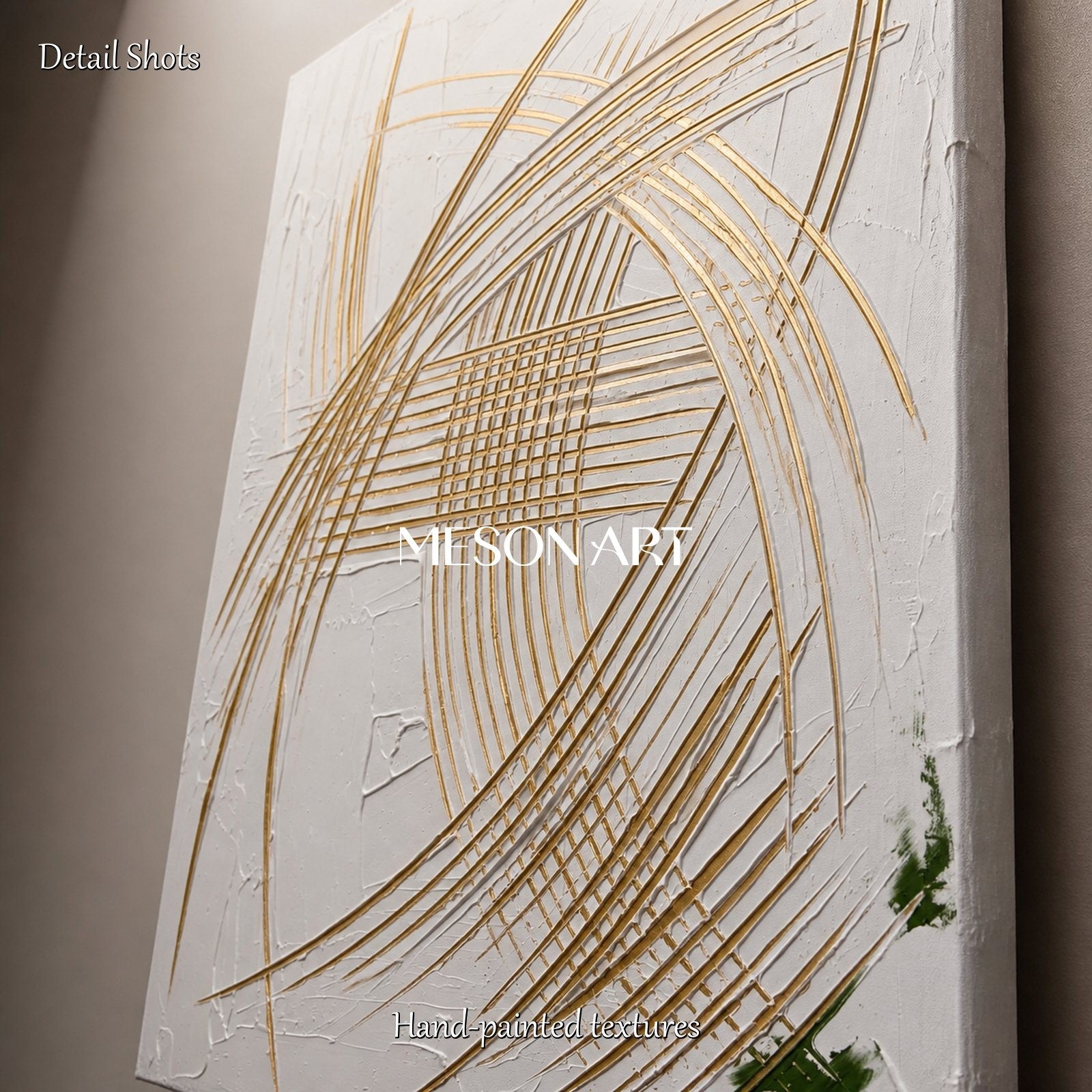 White And Gold Abstract Expressionism Painting Rectangular Wall Art For Living Room Original Artist Inspired Art By Mesonart