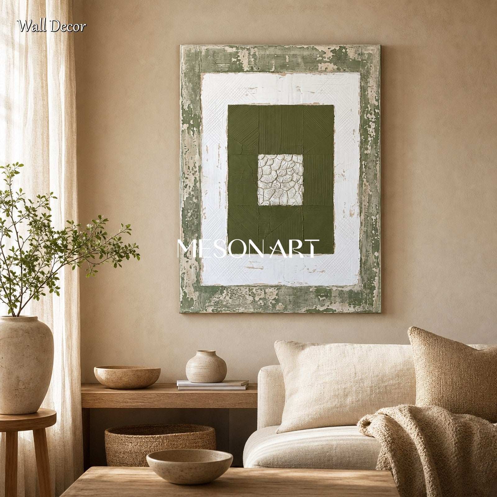 Green Abstract Wall Art With Textured Relief For Modern Living Room Decor