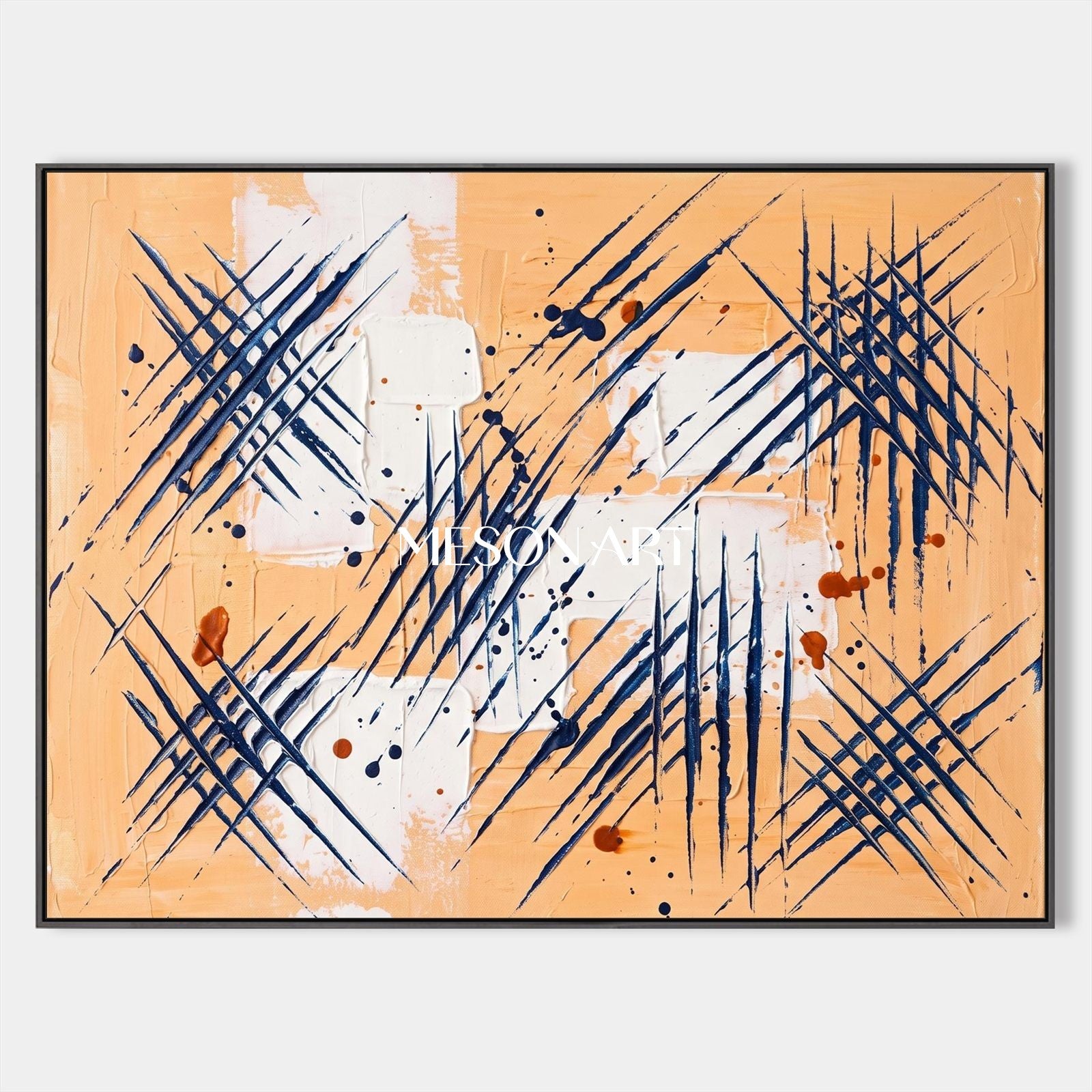 Orange And Black Abstract Painting Inspired By Jackson Pollock Action Style Rectangular Wall Art For Living Room By Mesonart