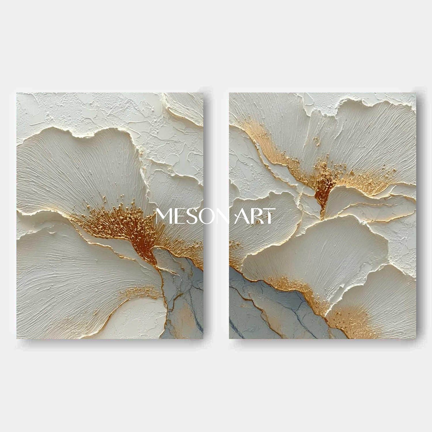 2-Piece Set White and Gold Plaster Canvas Art for Sale, Plaster Flower Paintings