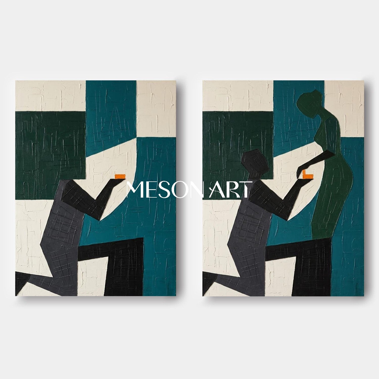 2-Piece Set Of 3D Textured Abstract Couple Proposal Oil Painting Geometric Plaster Canvas Wall Art for Modern Romantic Home Decor