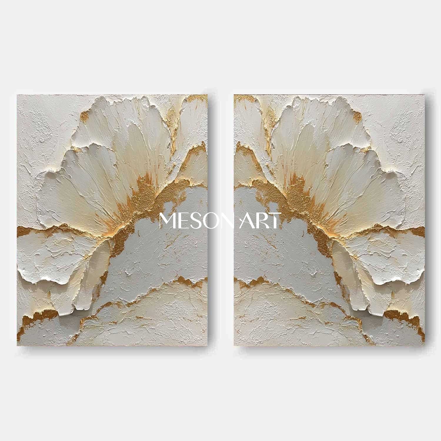 2-Piece Set White and Gold Plaster Texture Paintings for Sale, Plaster Flower Art