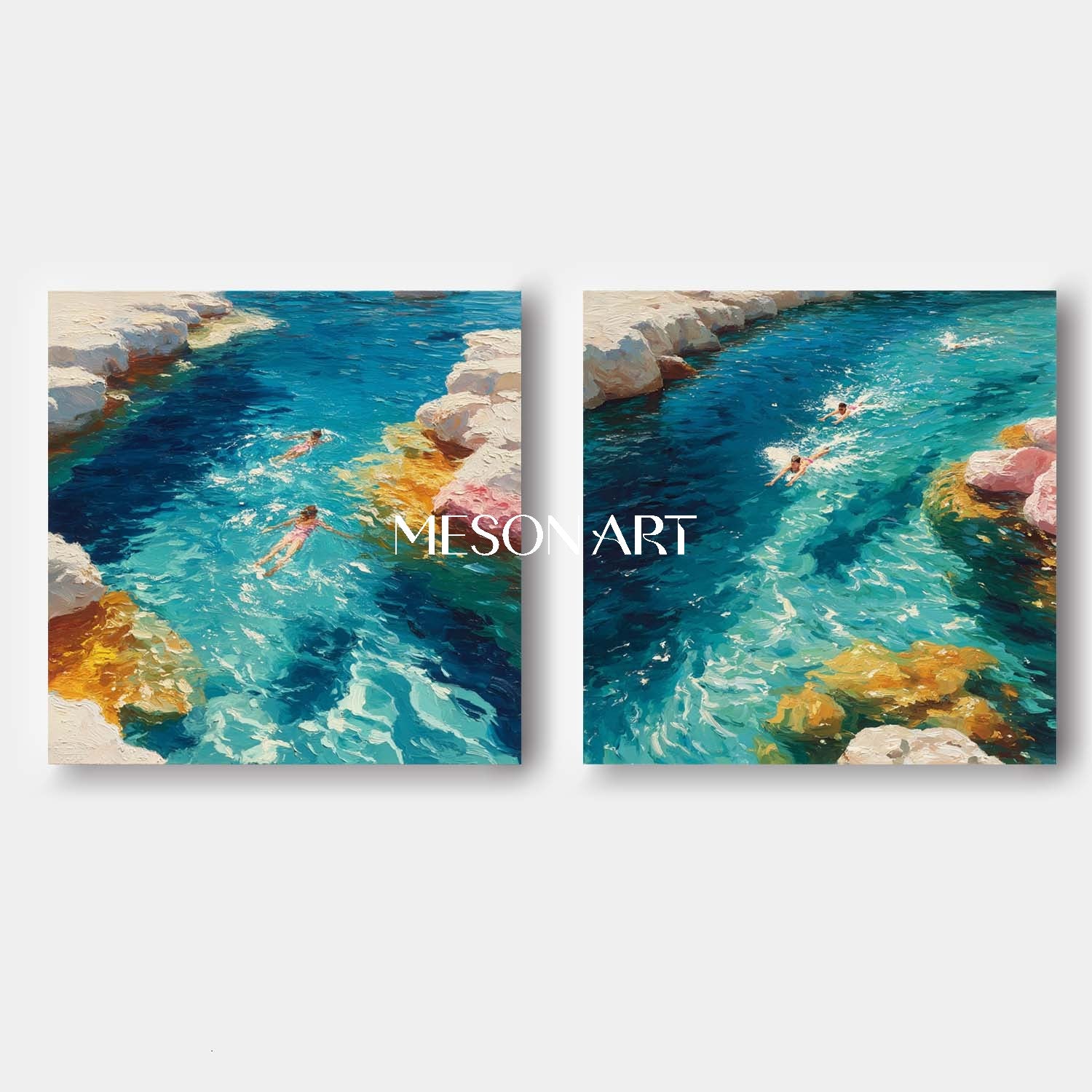 Large Seaside Swimming Canvas Art 2 Piece Set For sale Summer Holiday Wall Paintings