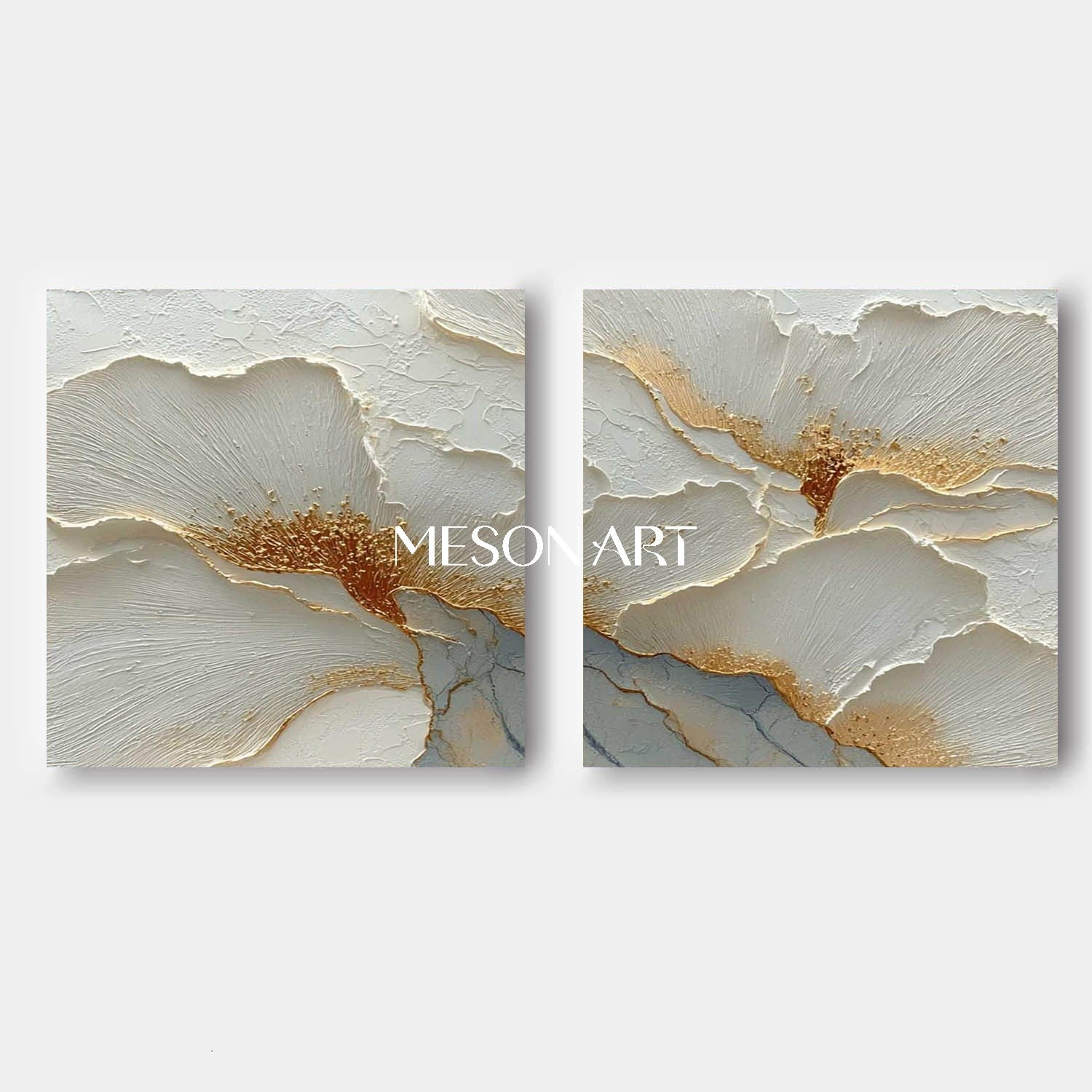 Luxury White and Gold Plaster Canvas Art, Elegant Plaster Flower Paintings for Home Decor