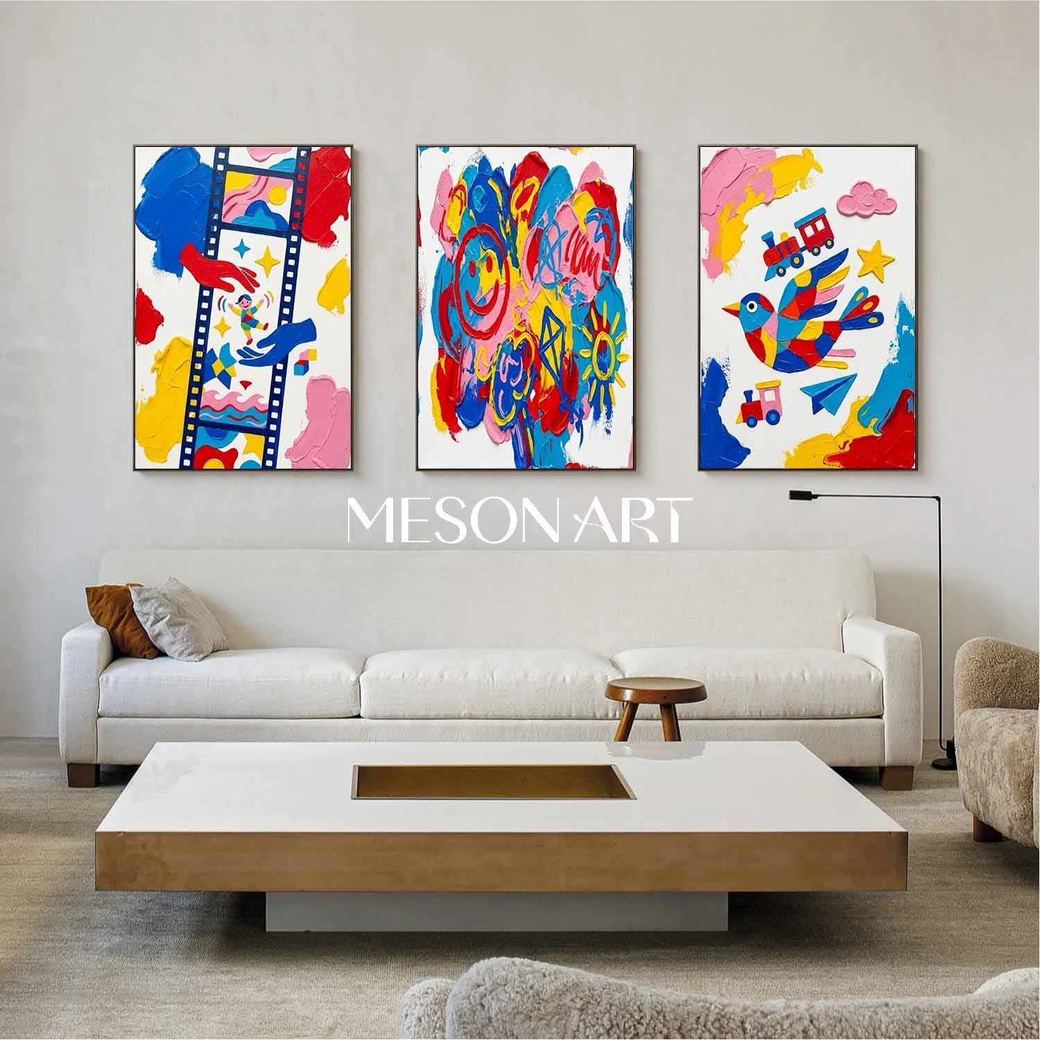 Original Kids Wall Art Set of 3 Modern Pop Art Canvas Colorful Contemporary Triptych