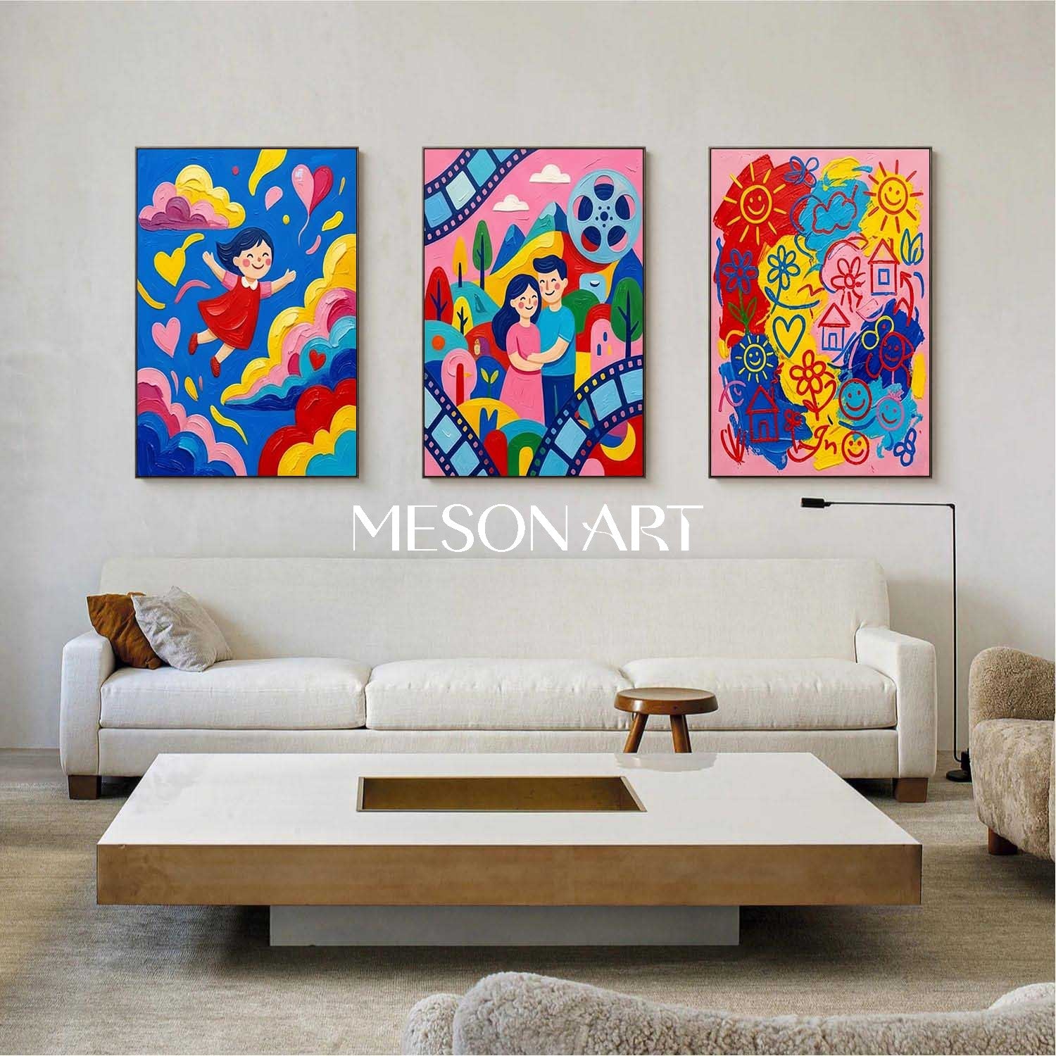 Original Kids Triptych Wall Art Modern Pop Art Canvas Set Colorful Contemporary Family Artwork