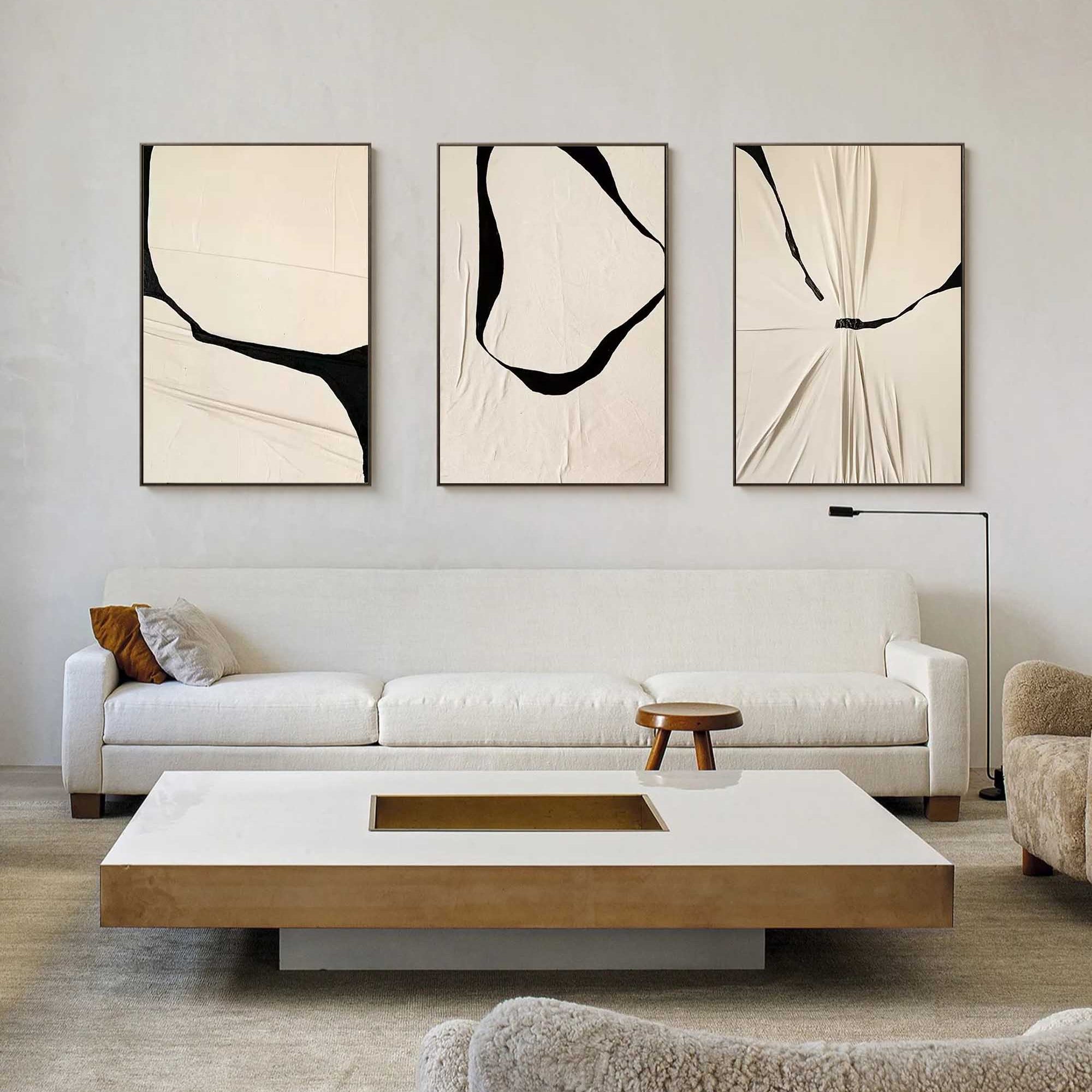 Beige Minimalist Canvas Painting Set of 3 Abstract Textured Wall Art
