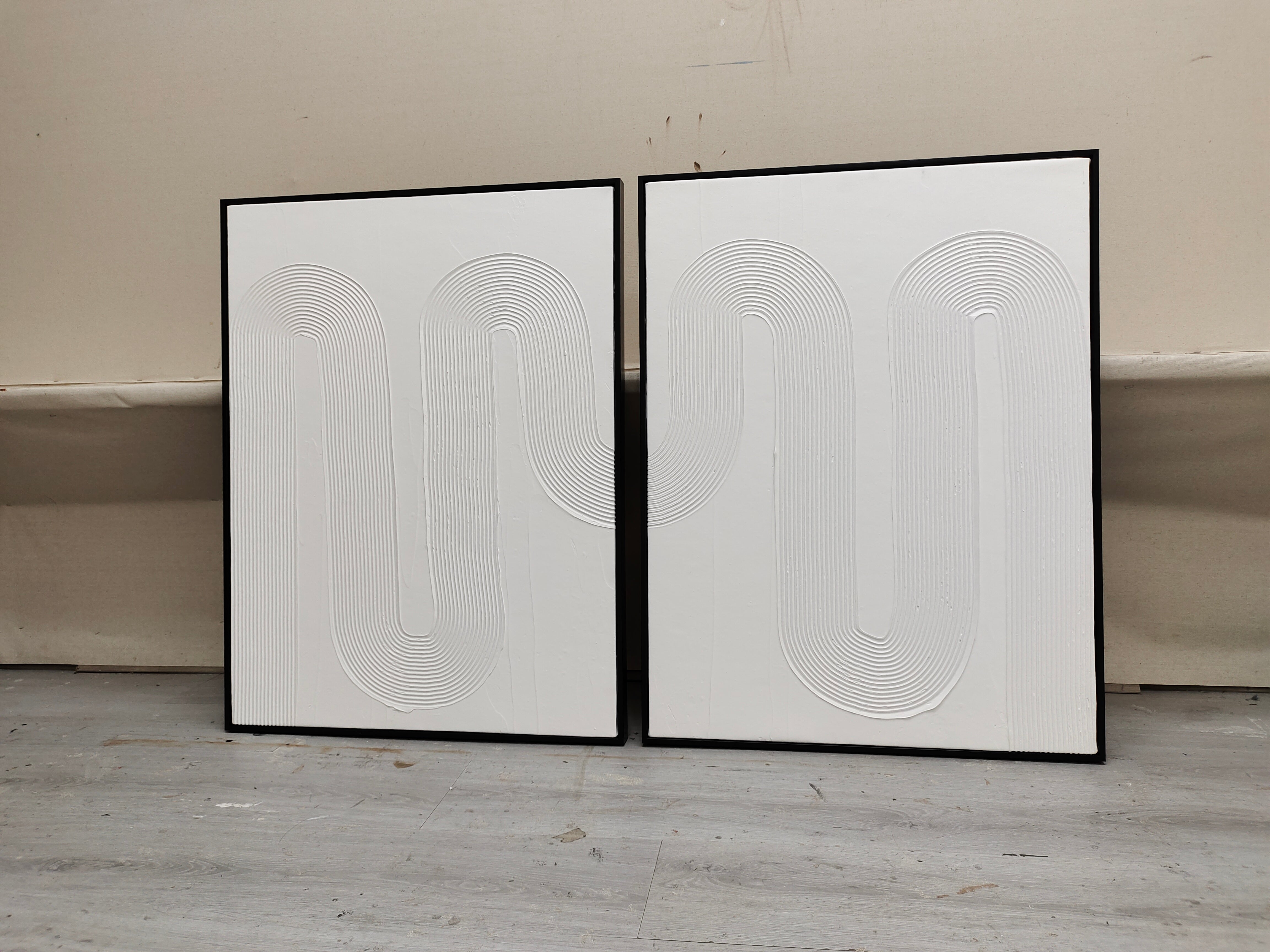 Large White 3D Abstract Art Textured Wall Art Plaster Wall Art Minimalist Canvas Painting Set of 2
