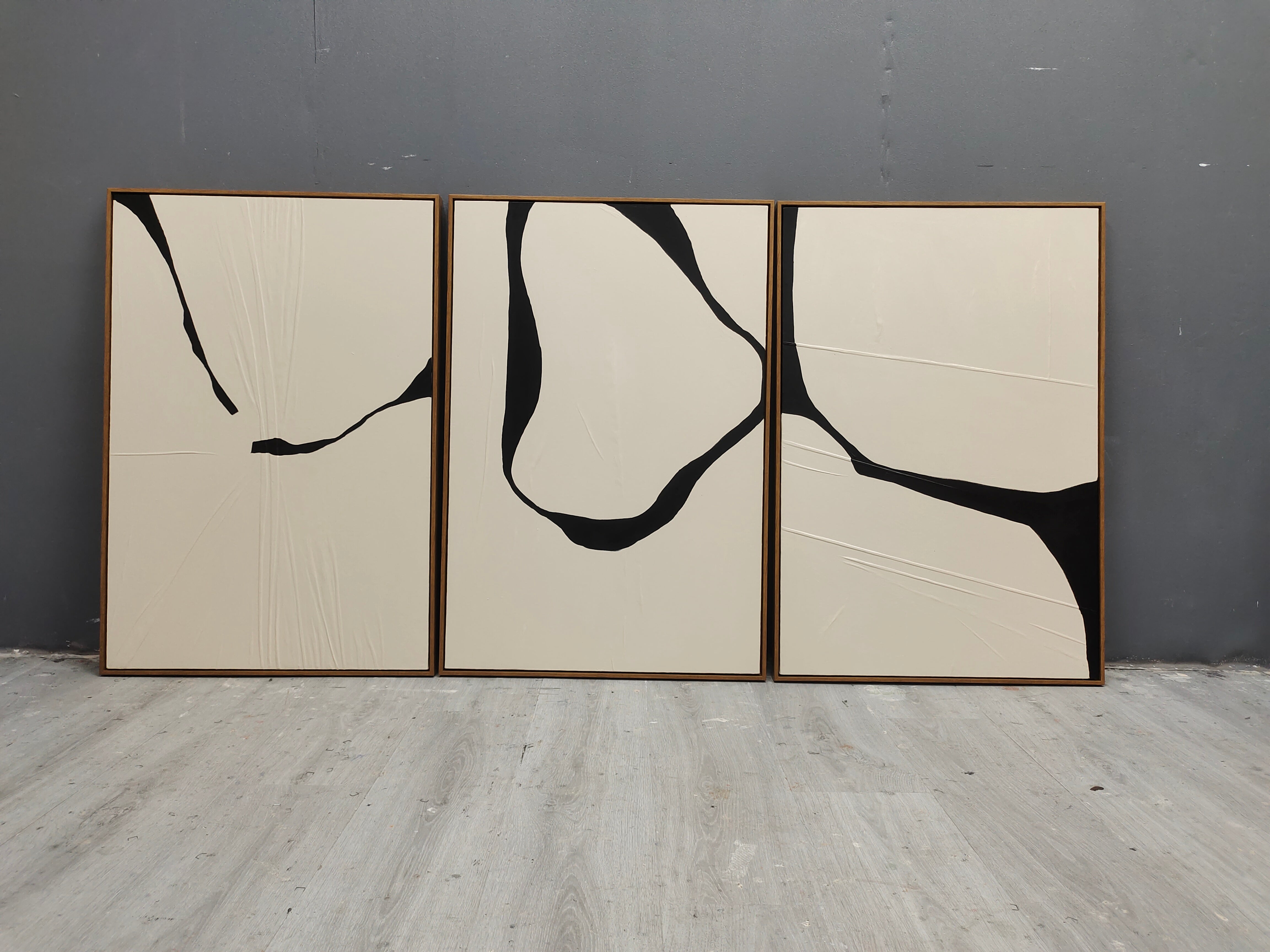 Beige Minimalist Canvas Painting Set of 3 Abstract Textured Wall Art