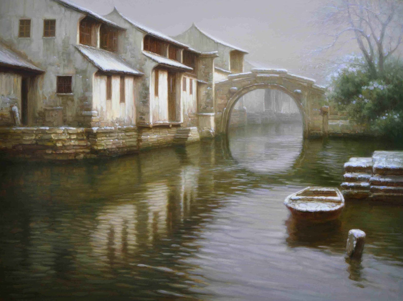Super Realistic Ancient Water Town Landscape Art Ancient Town Water Town Landscape Canvas Wall Art.