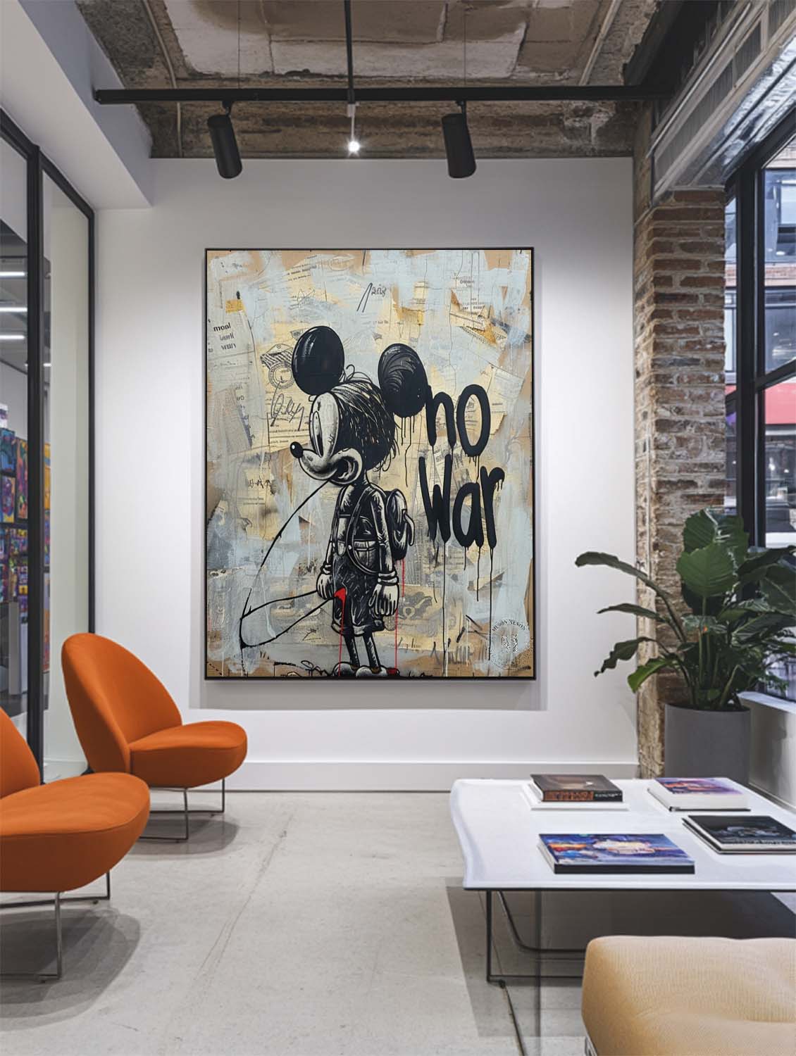 Mickey Mouse Canvas Banksy Street Art "No War" Painting with Abstract Graffiti Wall Art