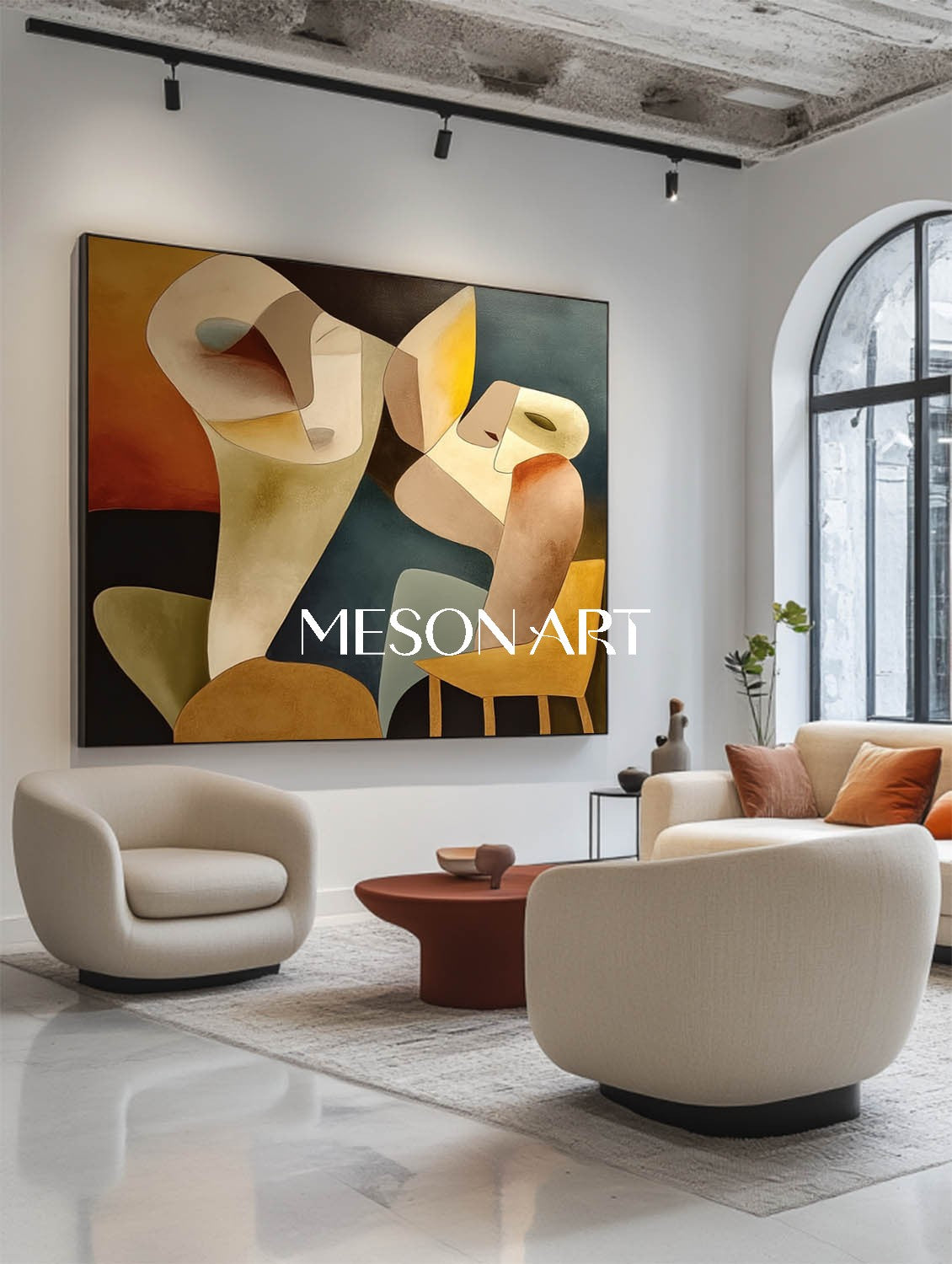 Original Geometric Abstract Canvas Colorful Cubist Painting Bedroom