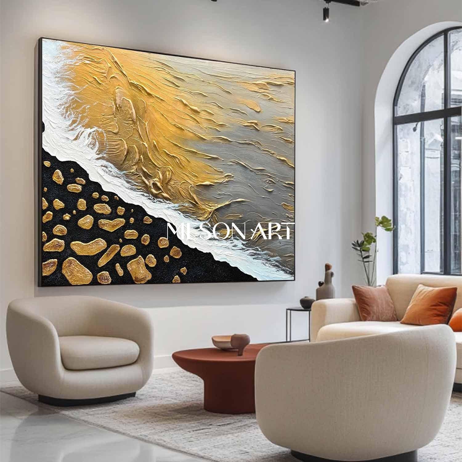 Gold and Black Wave and Beach Textured Canvas Art, Wave and Beach Texture Painting