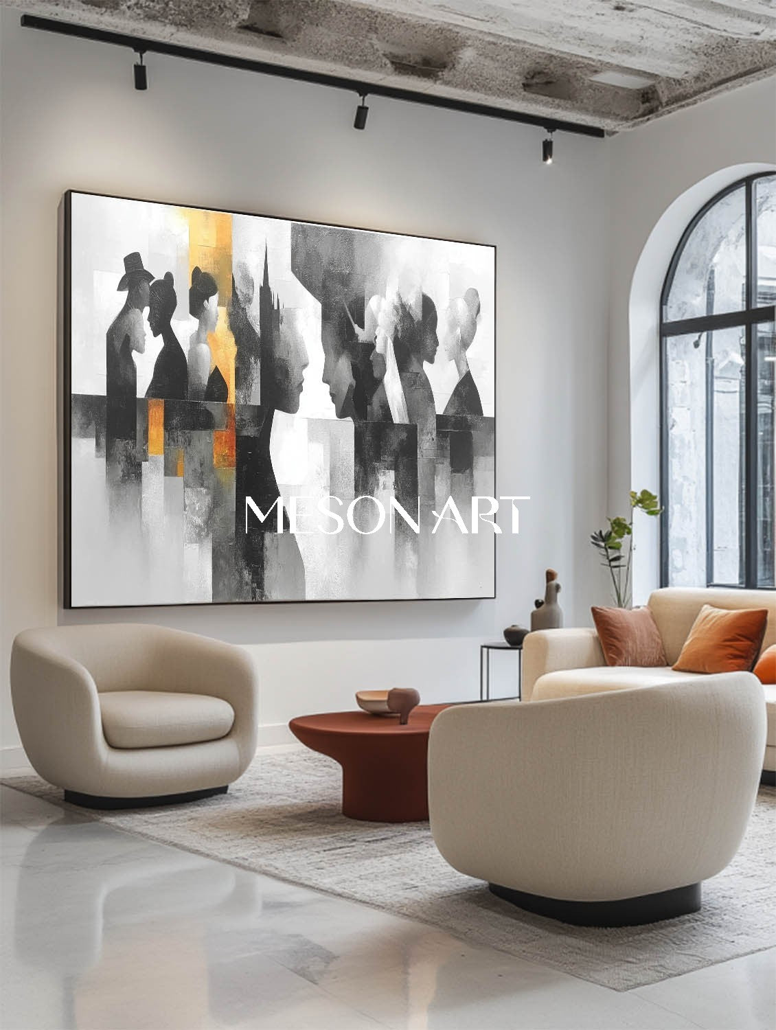 Buy Abstract Silhouette Figures Oil Painting Black White Geometric Art