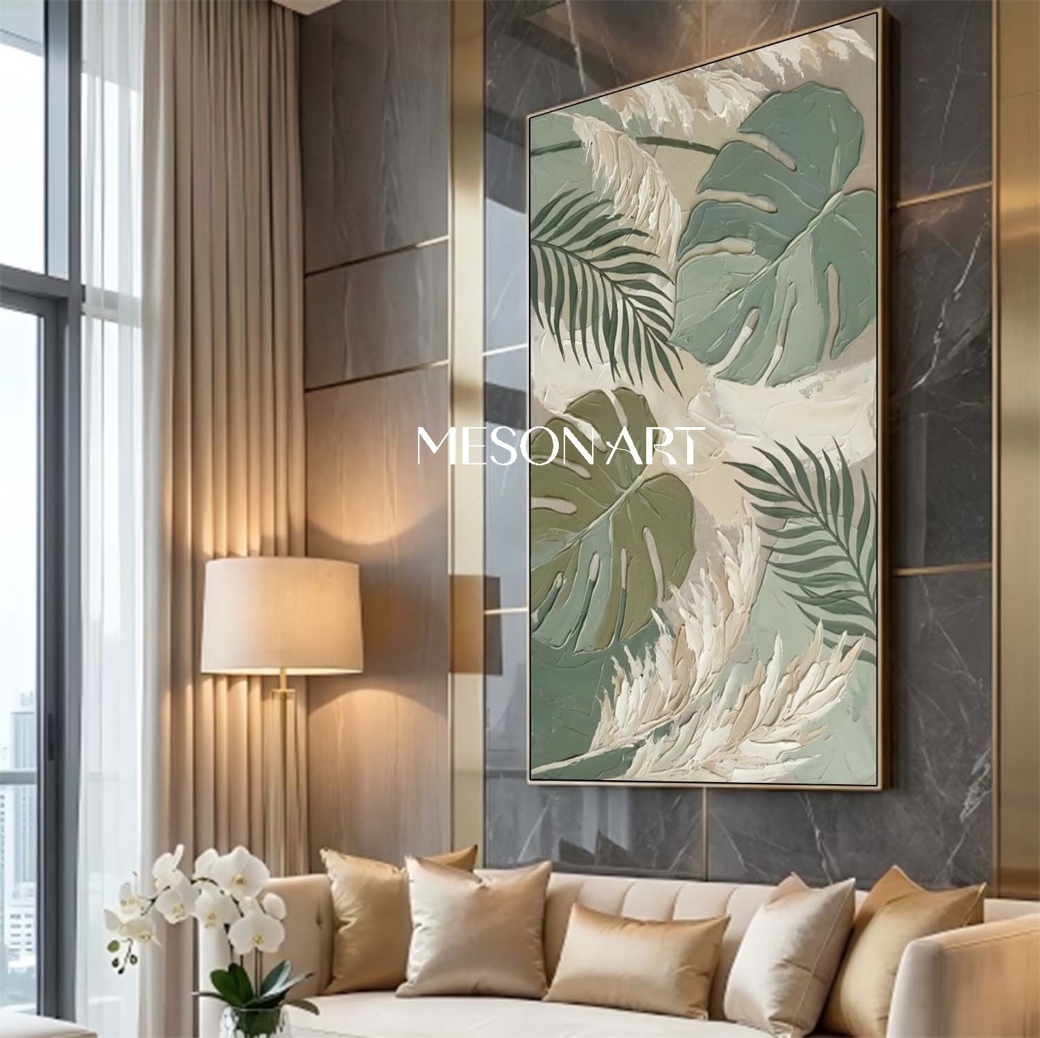 Neutral Pampas Grass Decor Large Panoramic Boho Art Impasto Botanical Painting