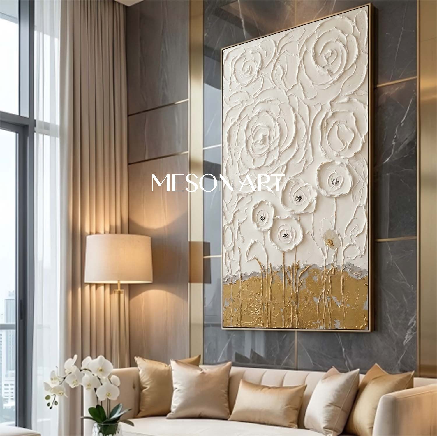 Large 3D Plaster Floral Art on Canvas Flower Textured Wall Decor