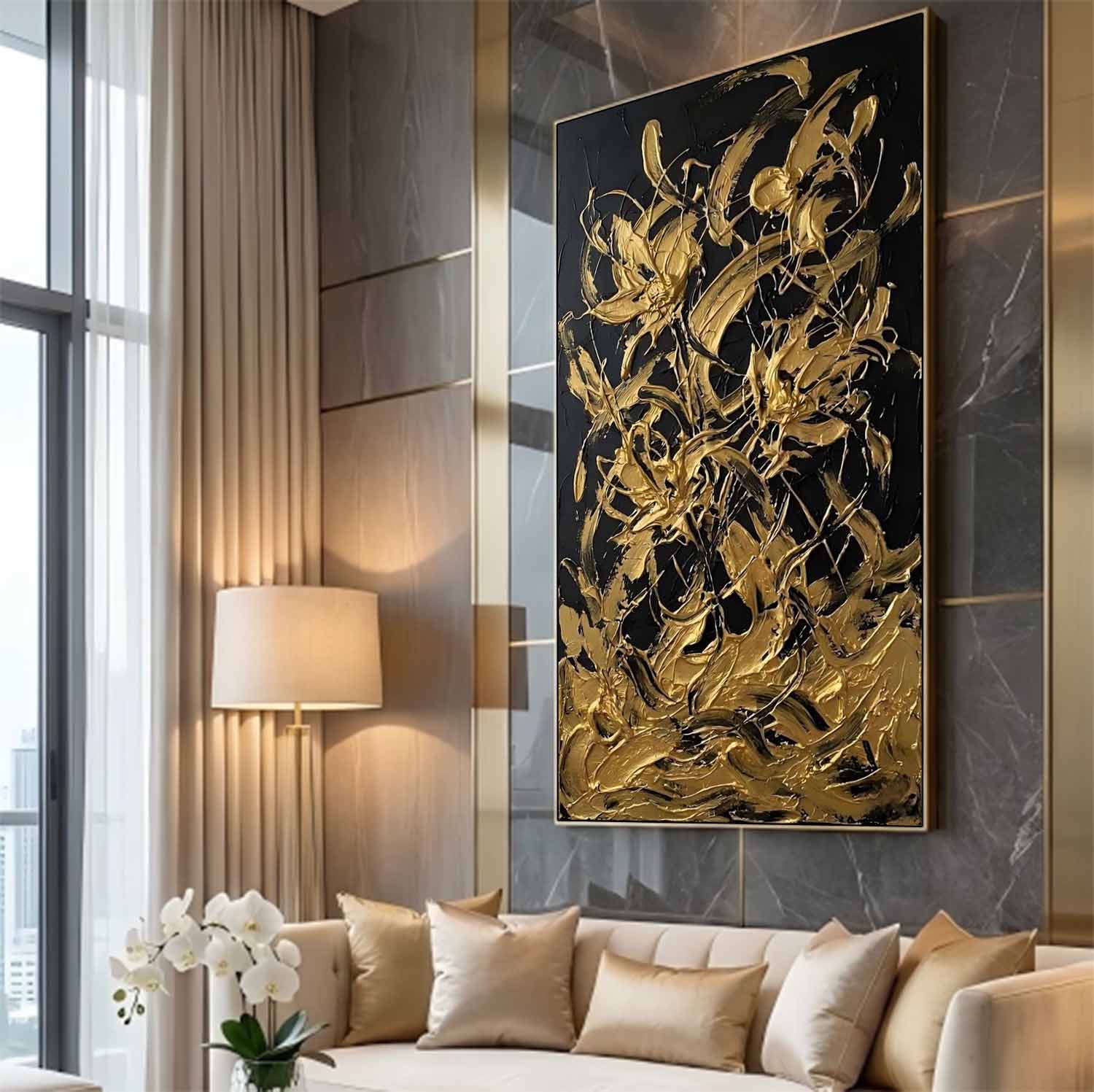 3D Gold and Black Abstract Textured Painting, Abstract Floral Canvas Art