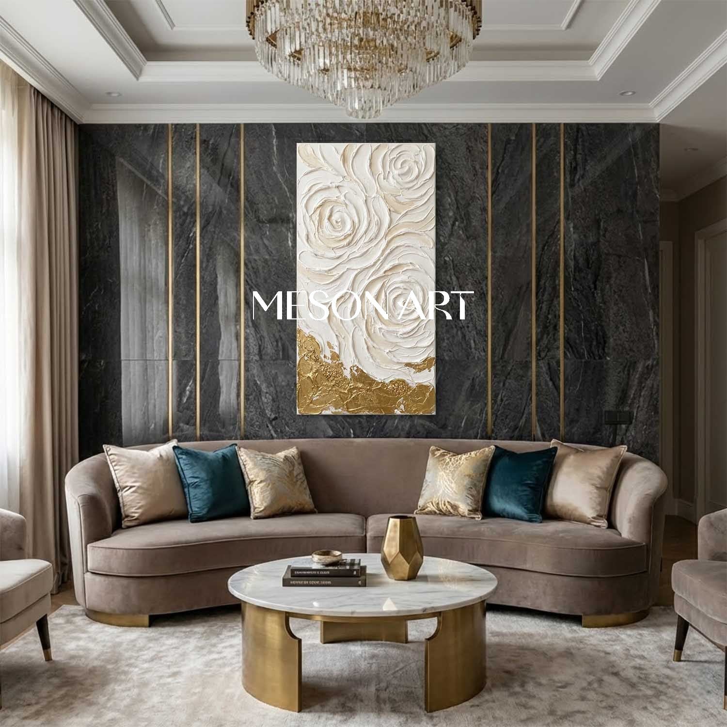 Vertical 3D White Rose Canvas Art | Gold Foil Plaster Wall Decor