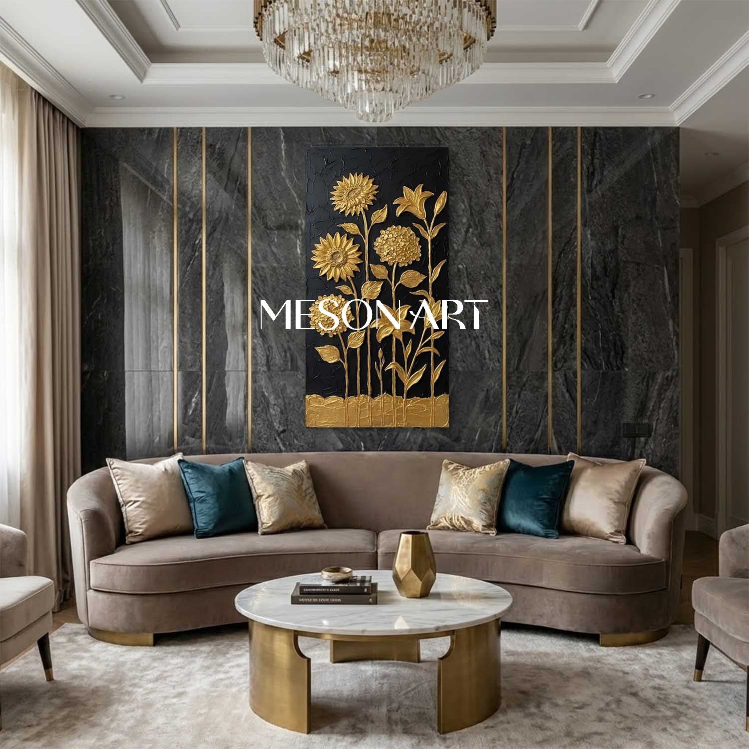 Vertical Black And Gold Sunflower Canvas Art | 3D Hydrangea Decor