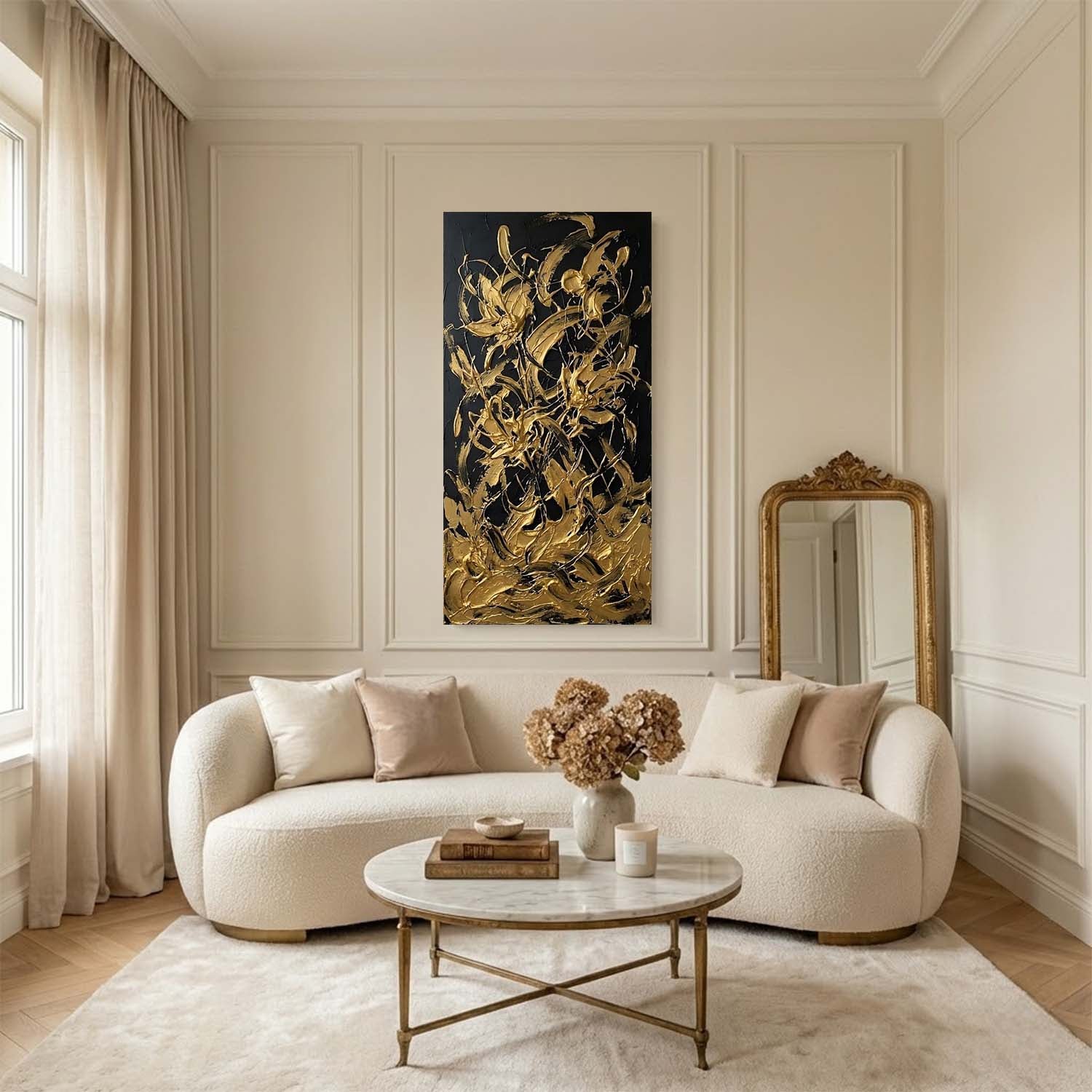3D Gold and Black Abstract Textured Painting, Abstract Floral Canvas Art