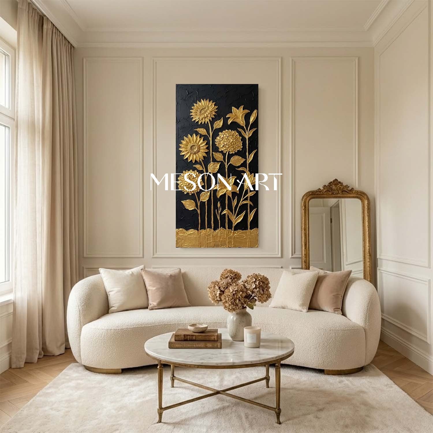 Vertical Black And Gold Sunflower Canvas Art | 3D Hydrangea Decor