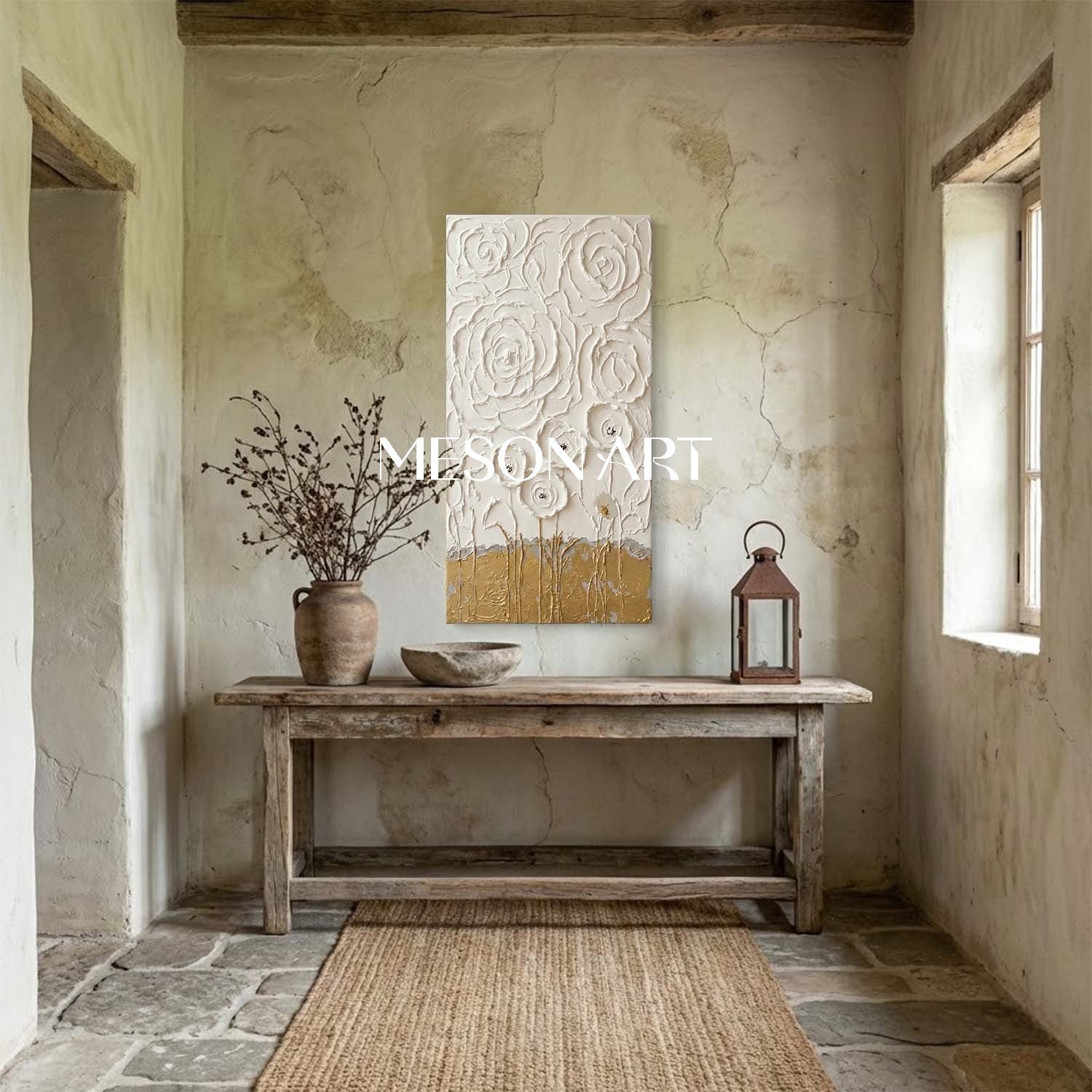 Large 3D Plaster Floral Art on Canvas Flower Textured Wall Decor