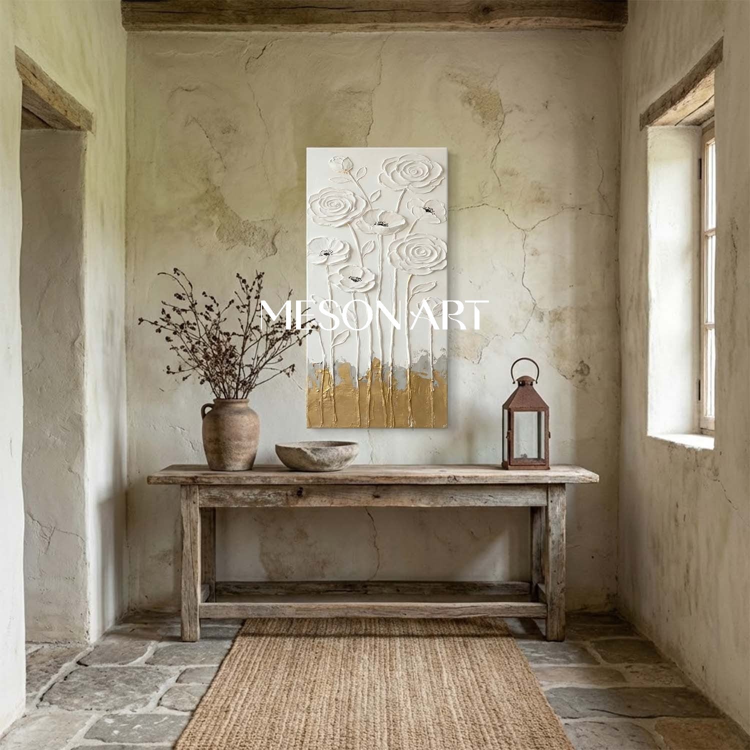 Large Plaster Floral Art on Canvas Textured Minimalist Wall Decor