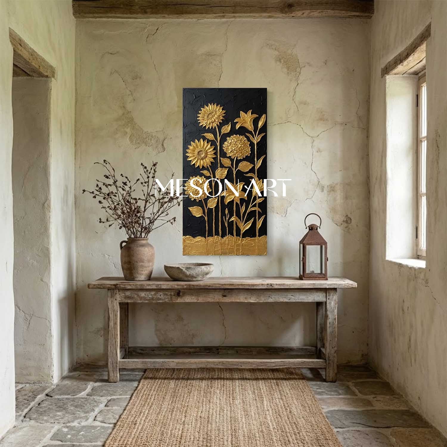 Vertical Black And Gold Sunflower Canvas Art | 3D Hydrangea Decor