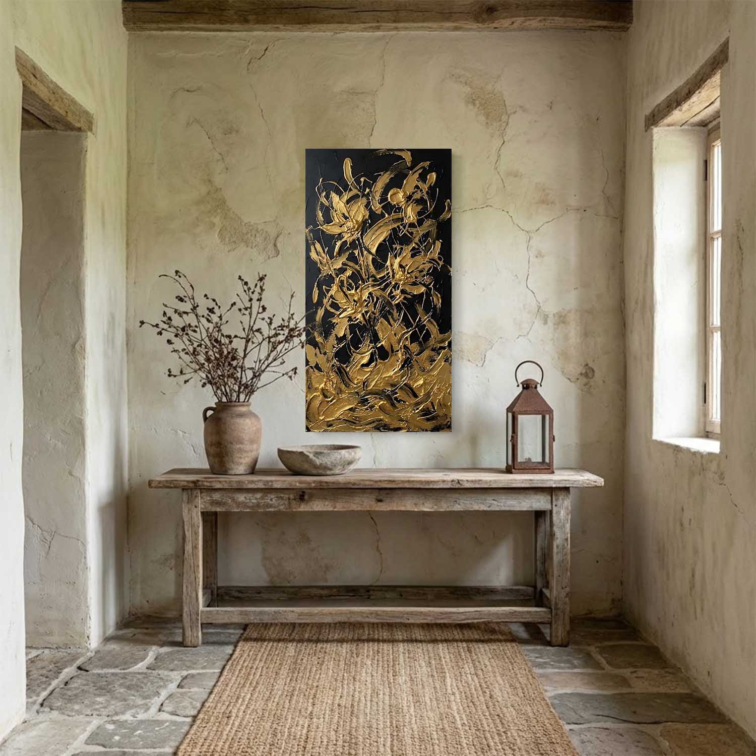 3D Gold and Black Abstract Textured Painting, Abstract Floral Canvas Art