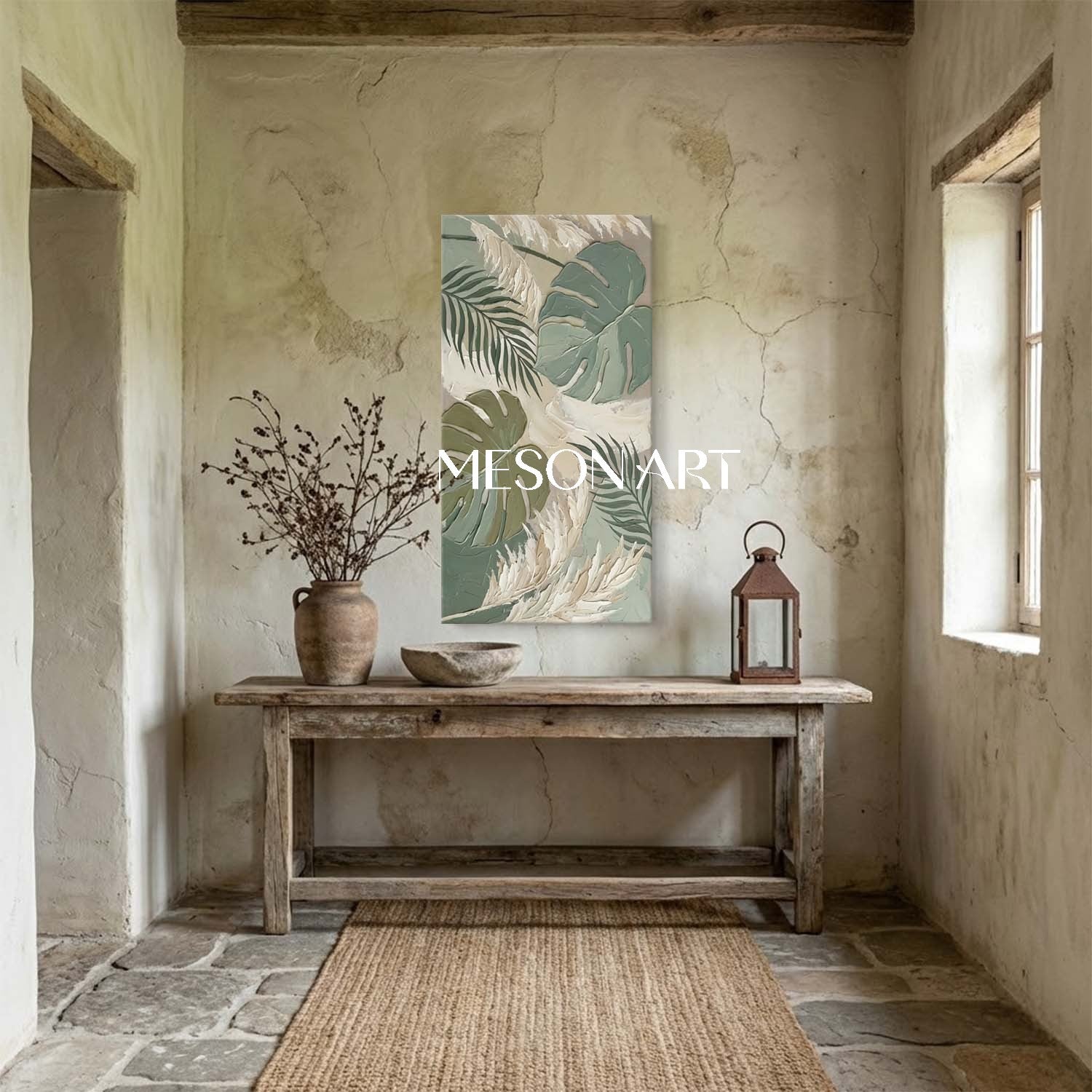 Neutral Pampas Grass Decor Large Panoramic Boho Art Impasto Botanical Painting