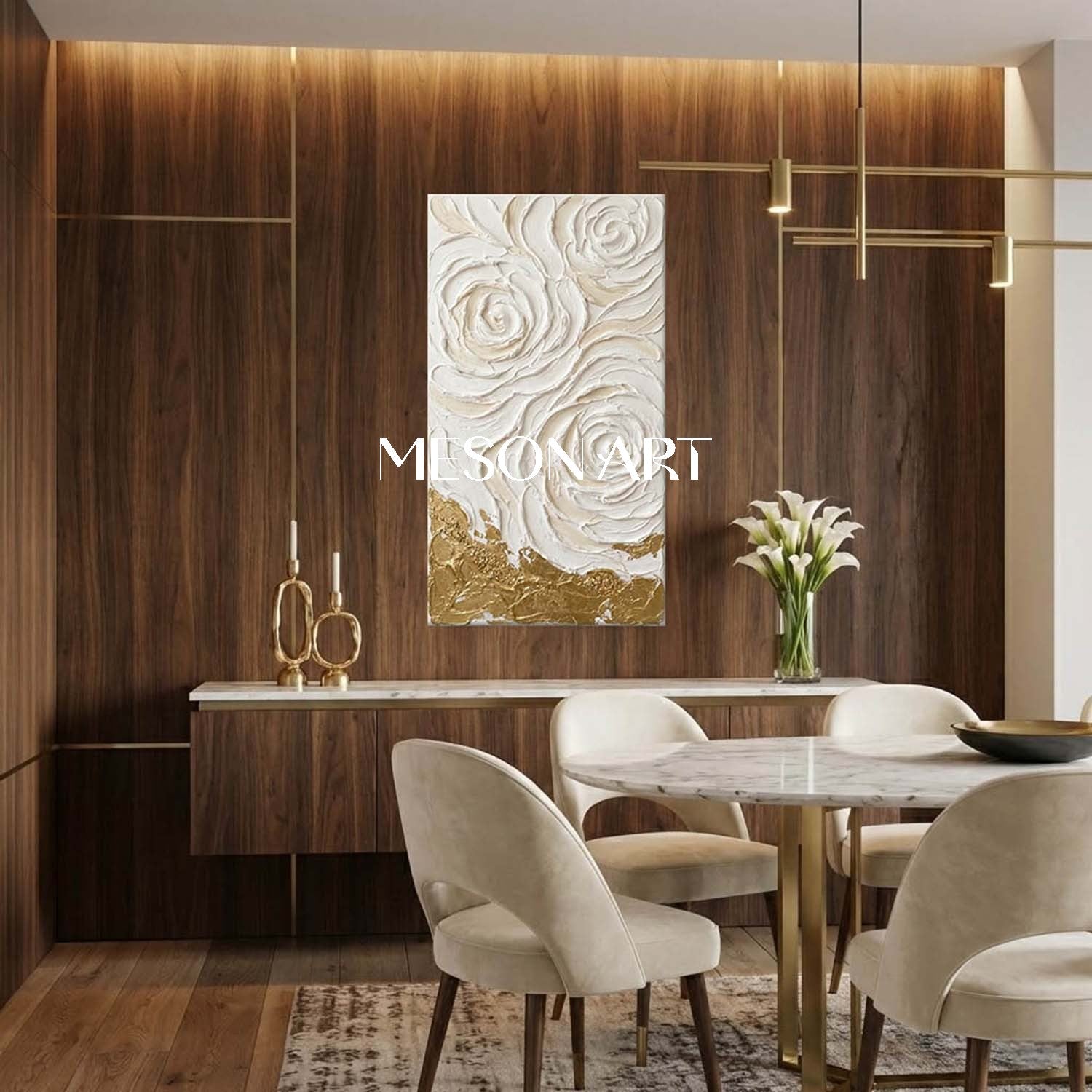 Vertical 3D White Rose Canvas Art | Gold Foil Plaster Wall Decor